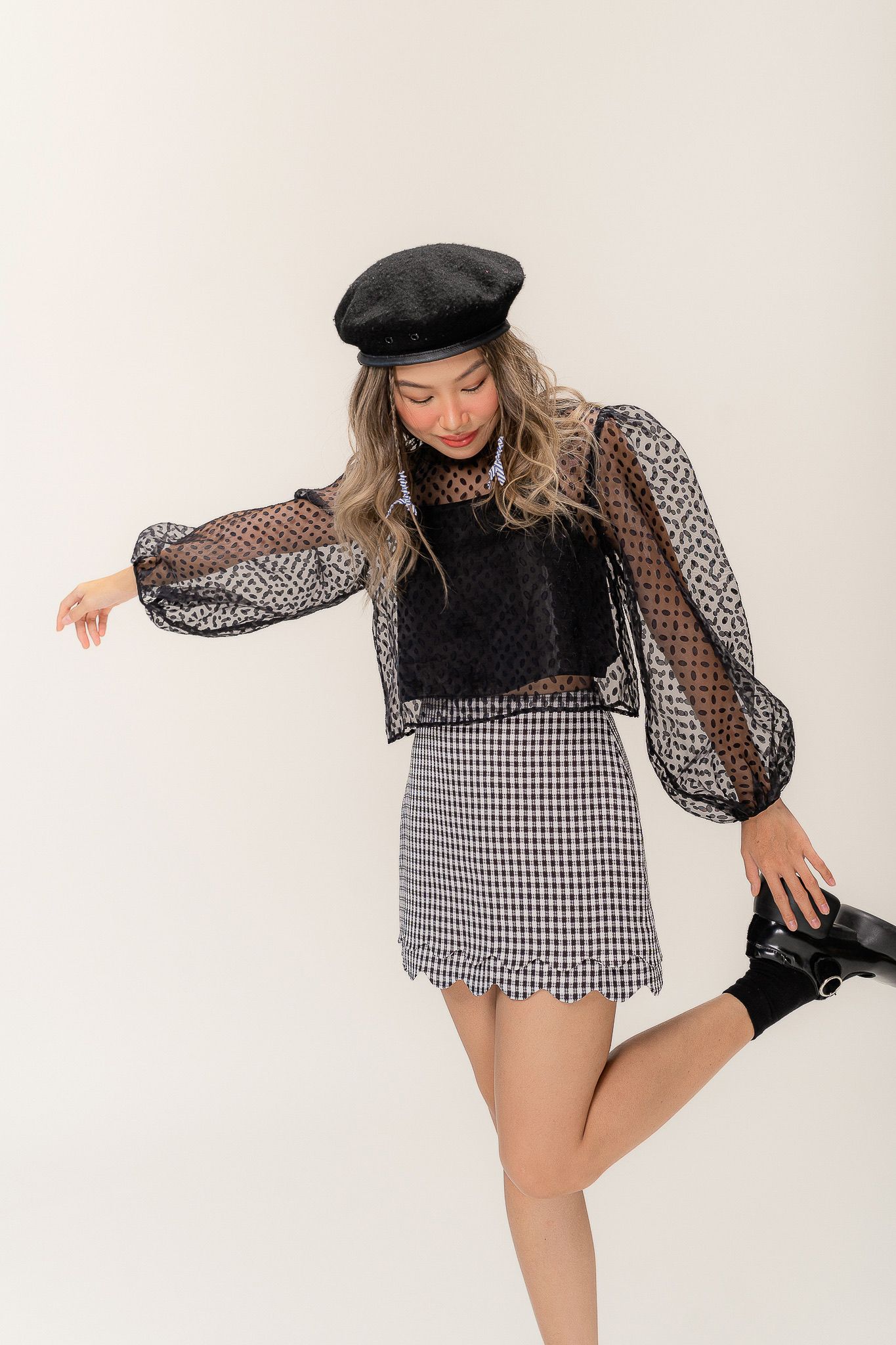  Black Polka Dot Sheer Puff Sleeve Blouse 