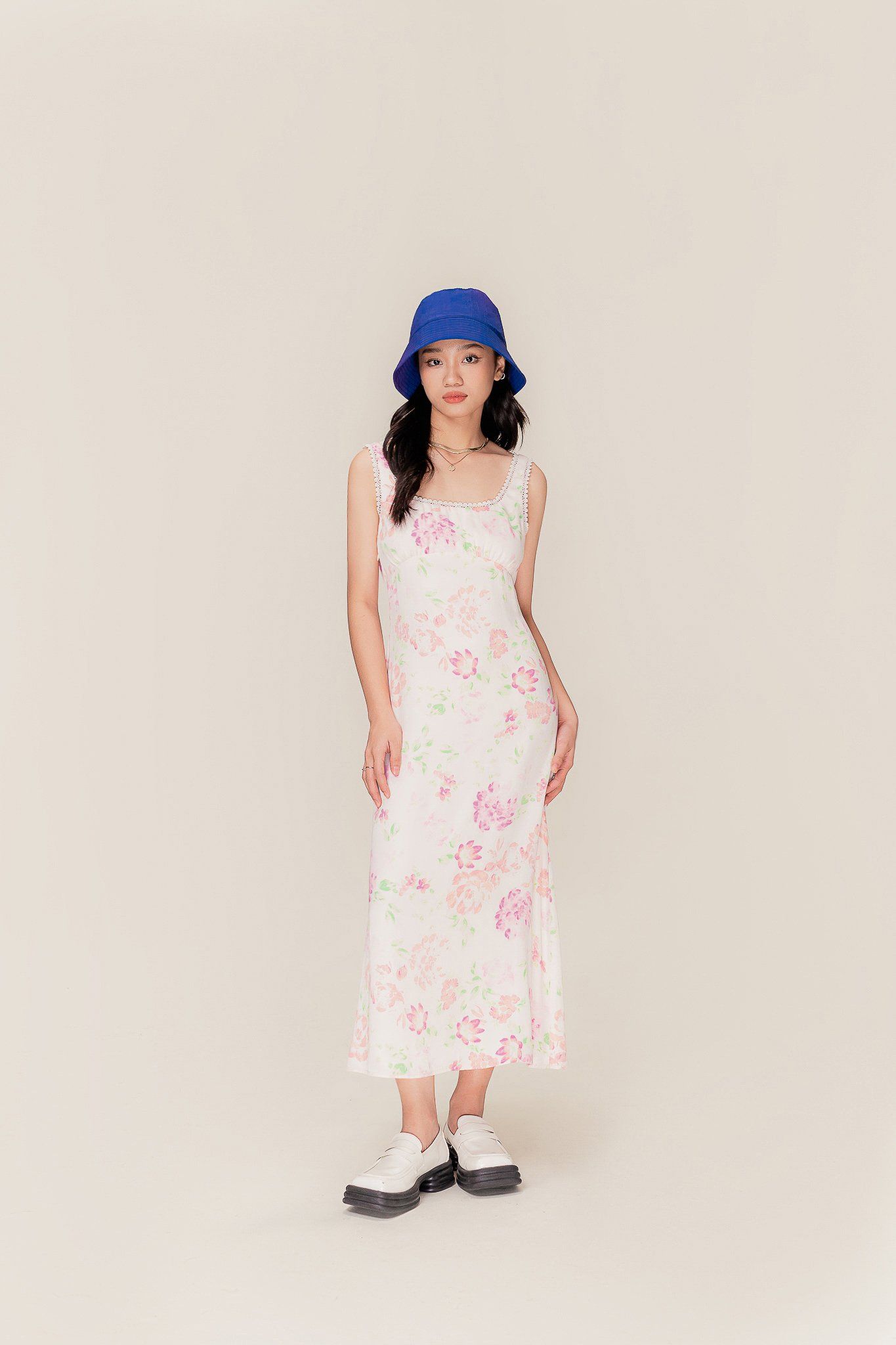  Vintage Floral Pattern Silk Midi Dress 