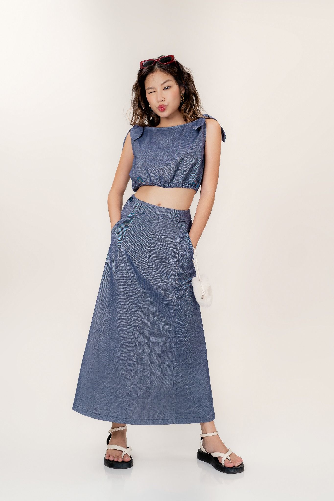  Blue A-Line Midi Skirt 