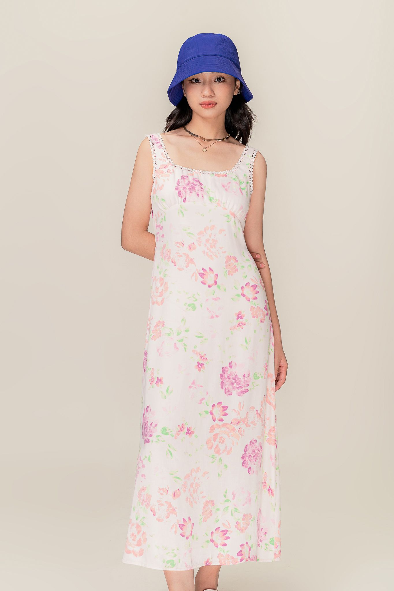  Vintage Floral Pattern Silk Midi Dress 