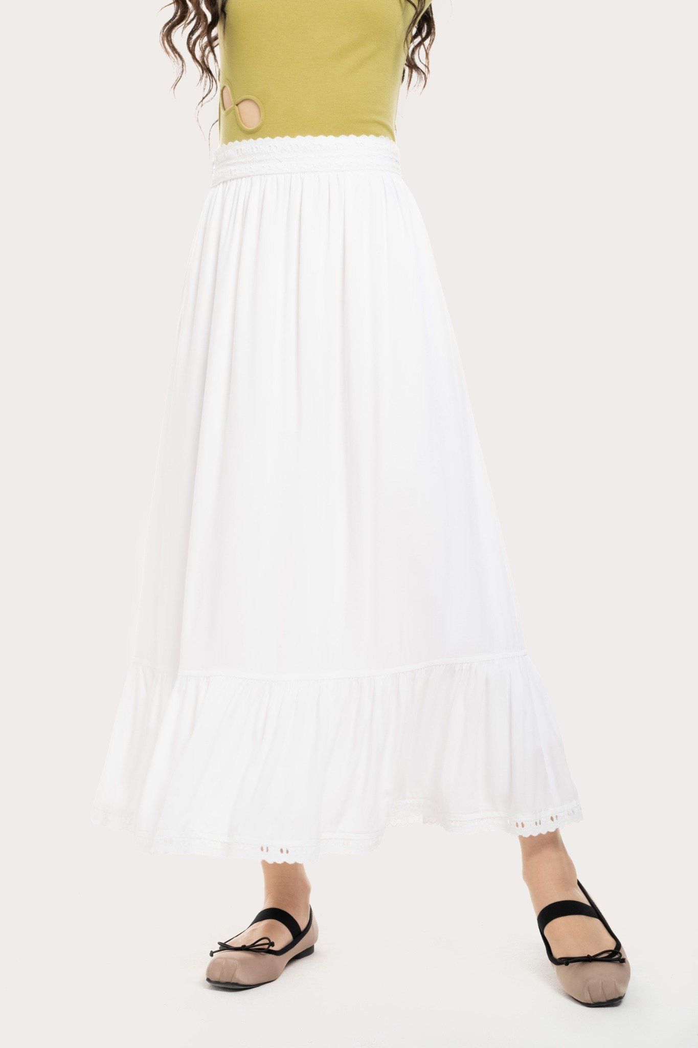  White Tiered Lace Hem Midi Skirt 