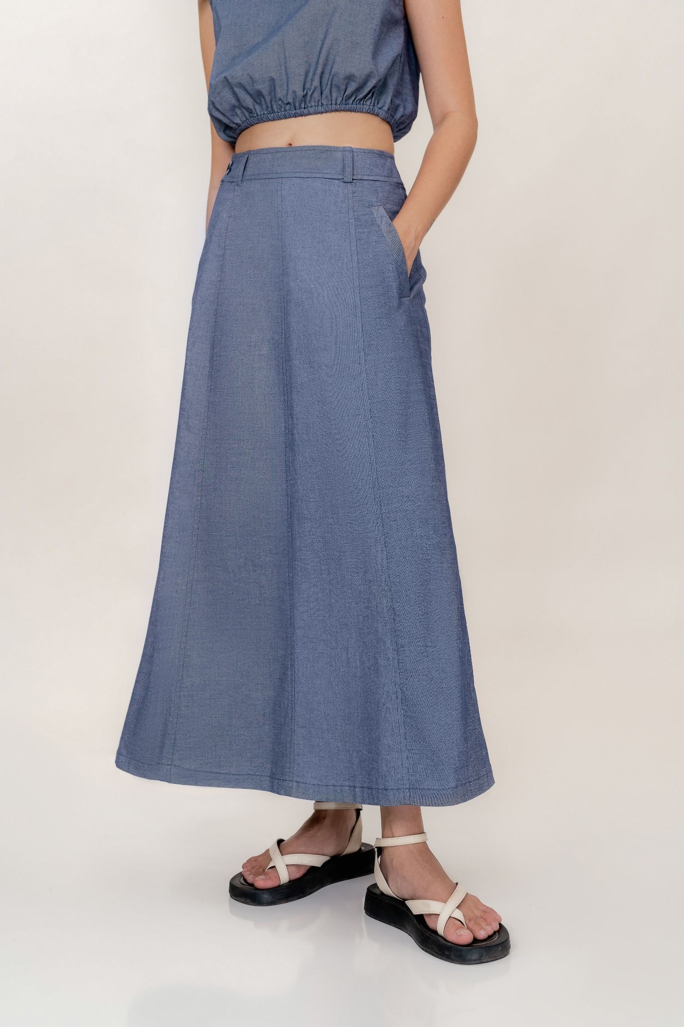  Blue A-Line Midi Skirt 