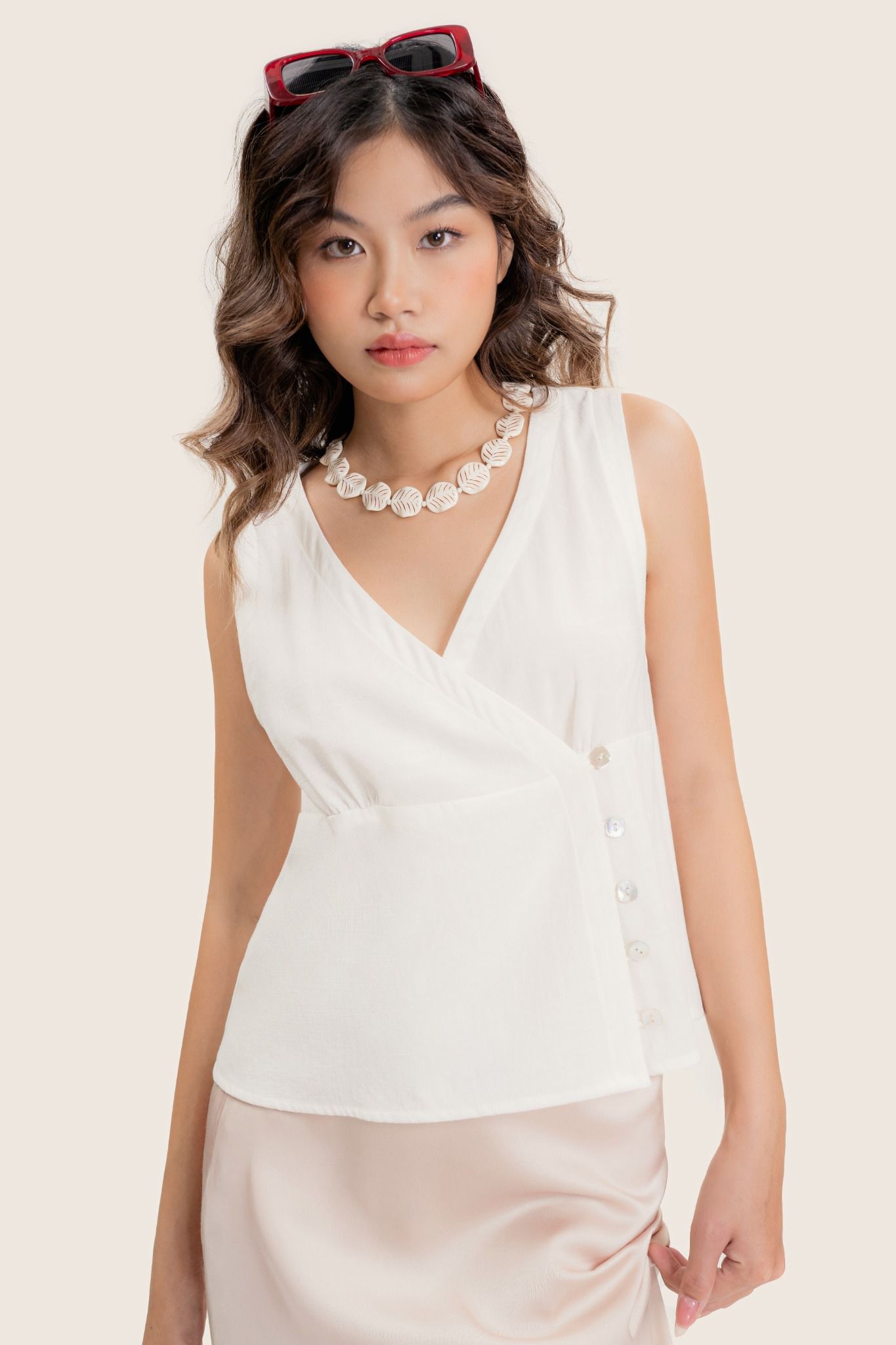 White Side Buttons Sleeveless Linen Top LIB 
