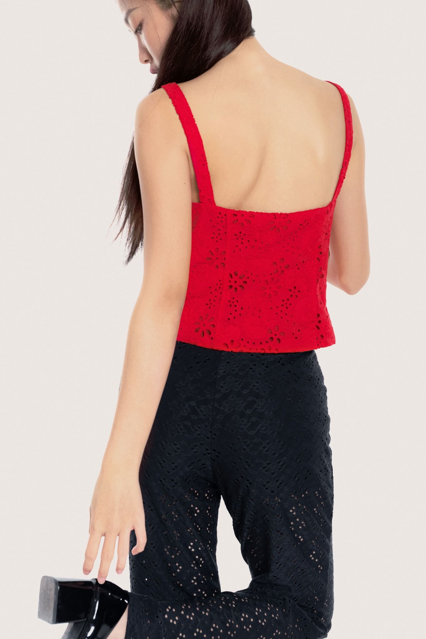  Red Embroidered Bow Tie Eyelet Top 