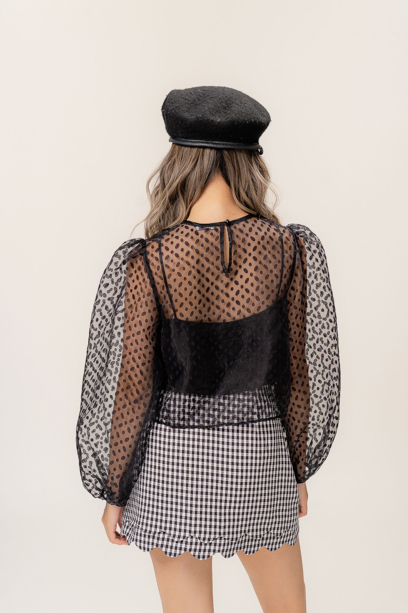  Black Polka Dot Sheer Puff Sleeve Blouse 