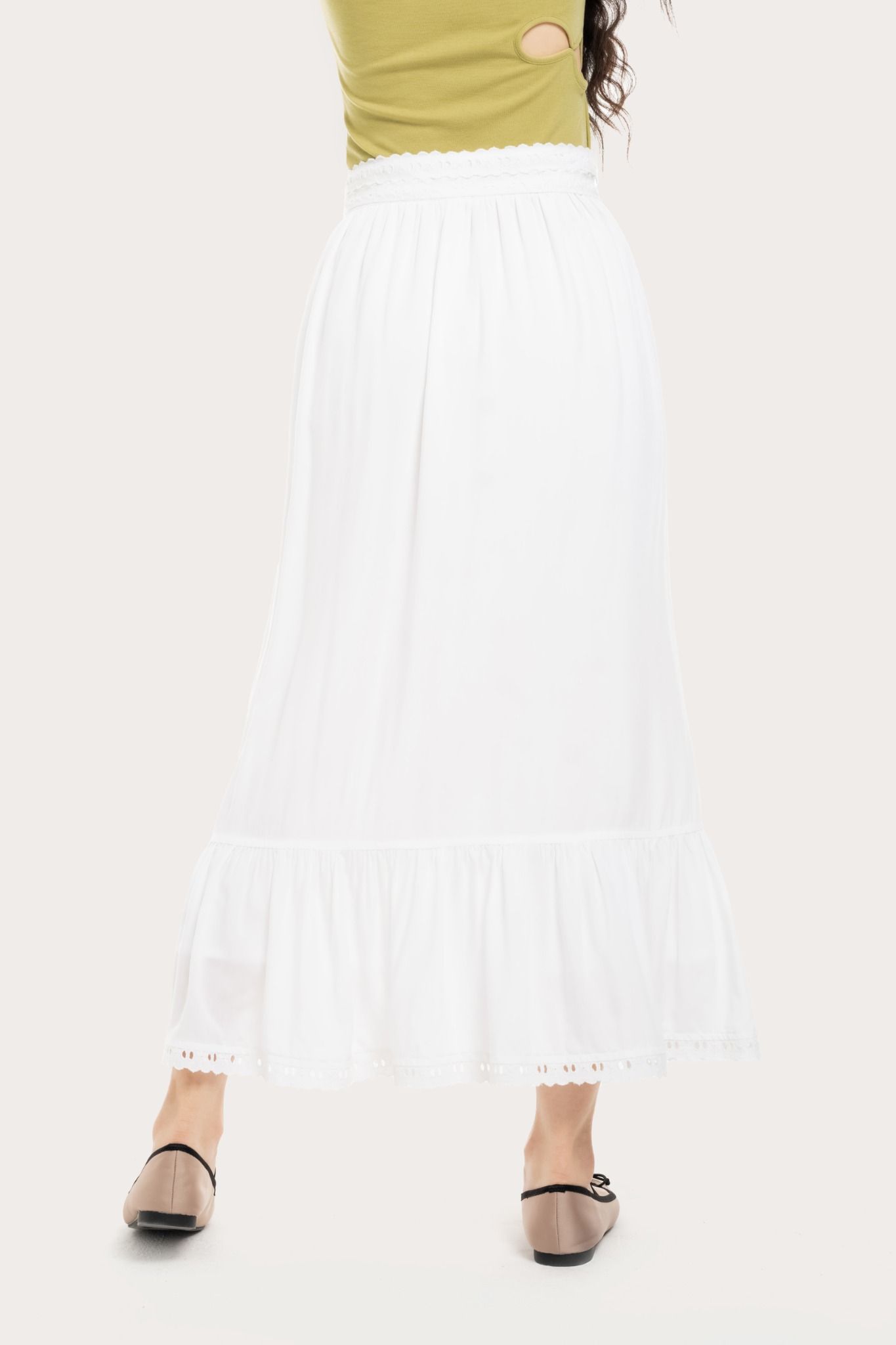  White Tiered Lace Hem Midi Skirt 