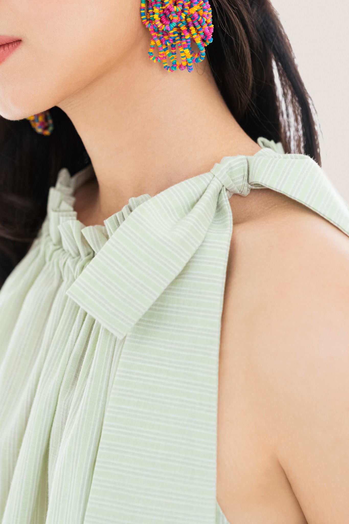  Mint Hairline Stripe Ruched Halter Neck Top 