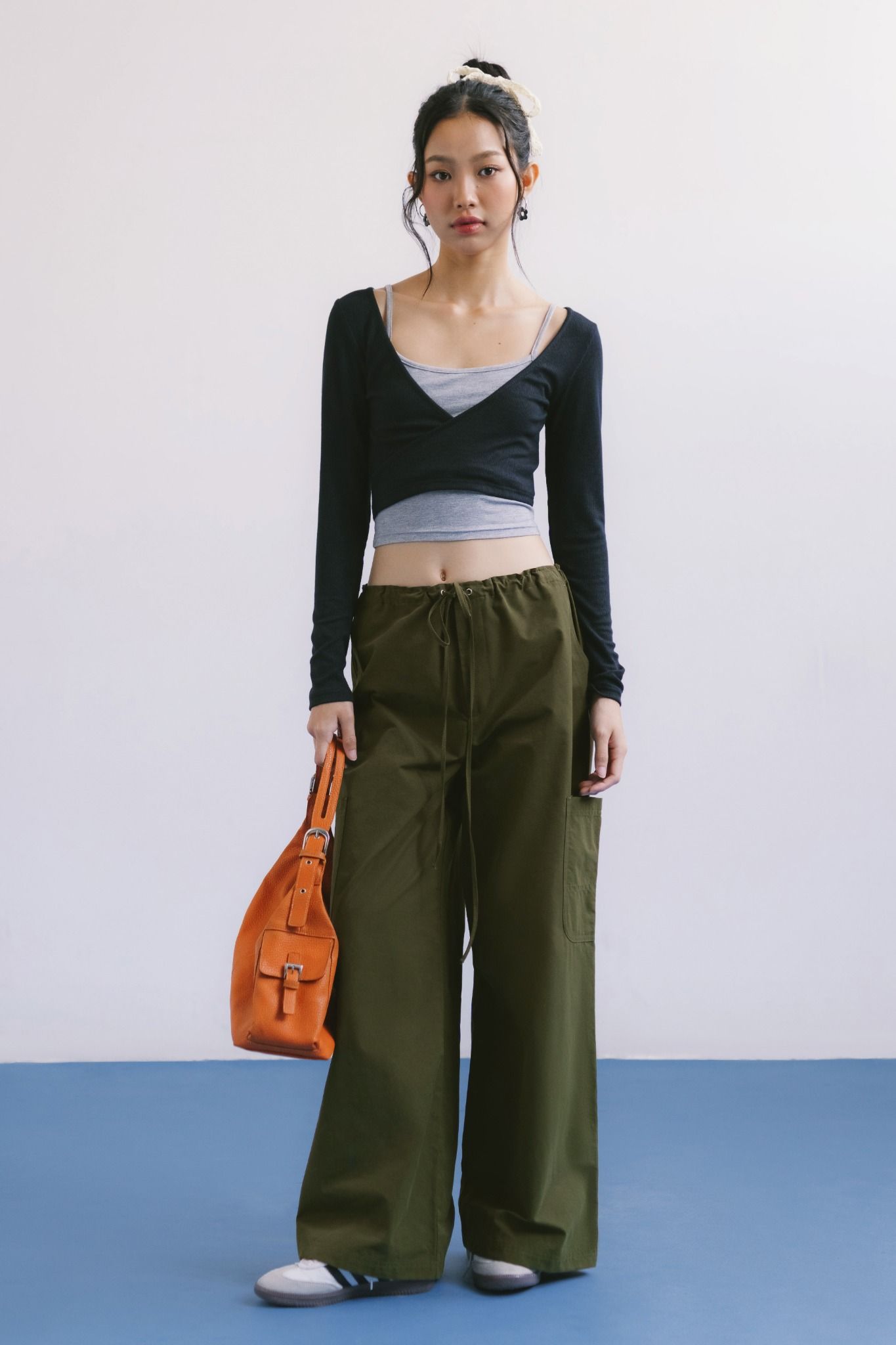  Dark Green Drawstring Wide Leg Cargo Pants 