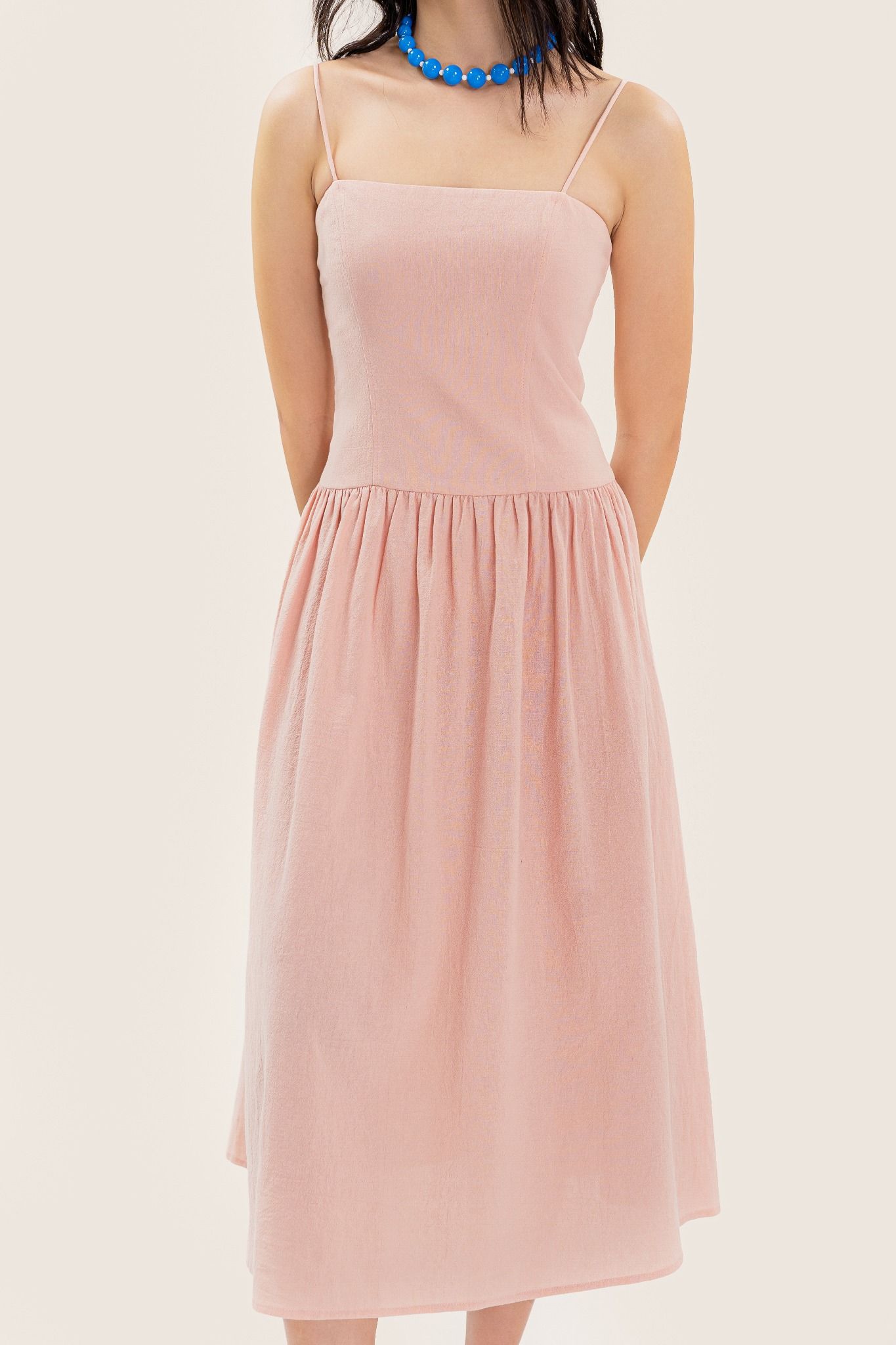  Light Pink Strappy Dropped Waist Midi Dress 