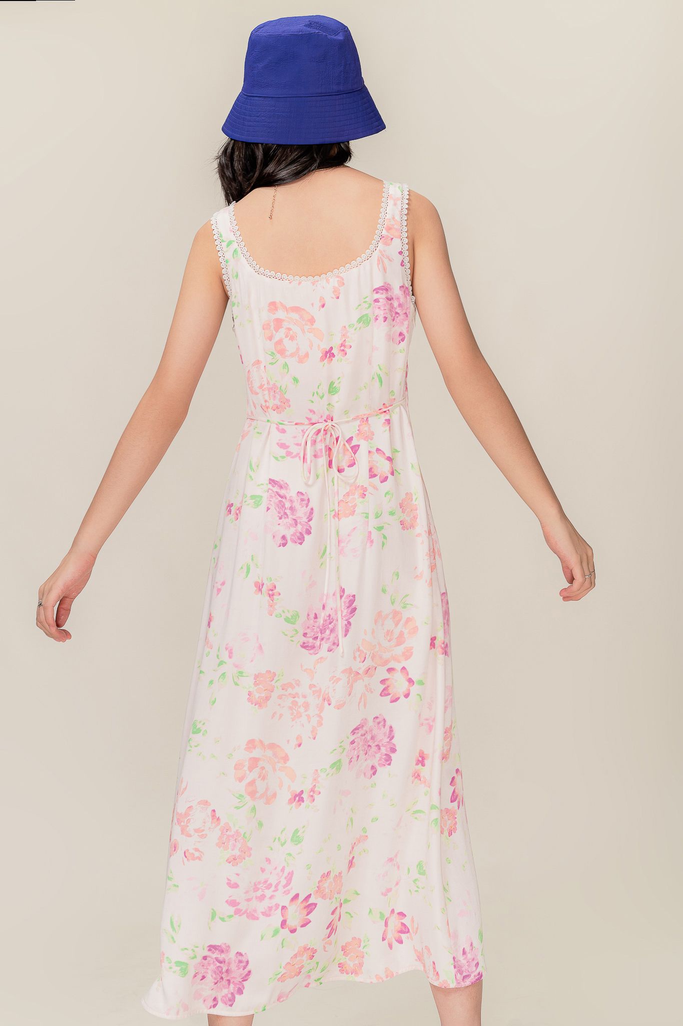  Vintage Floral Pattern Silk Midi Dress 