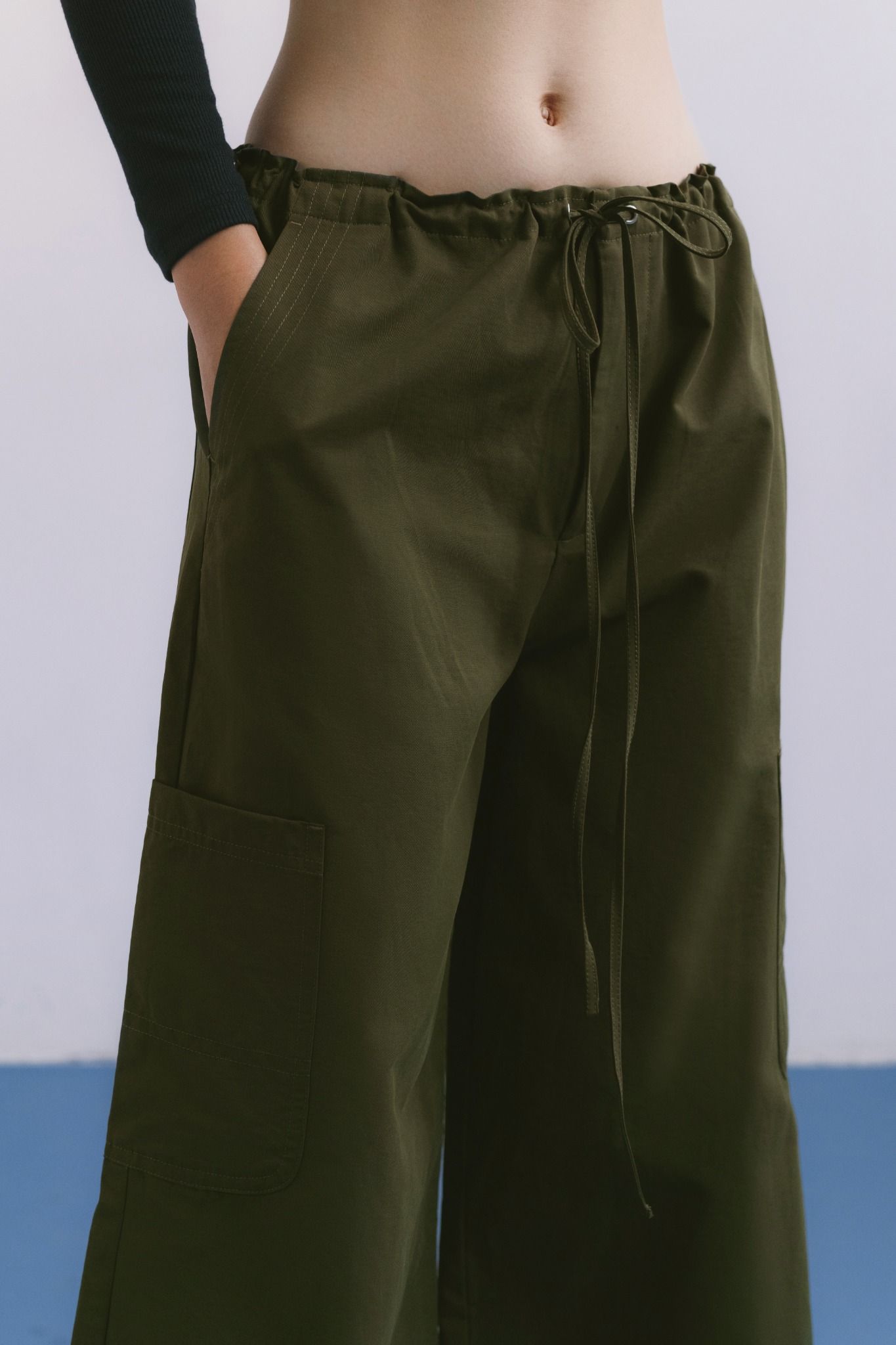  Dark Green Drawstring Wide Leg Cargo Pants 