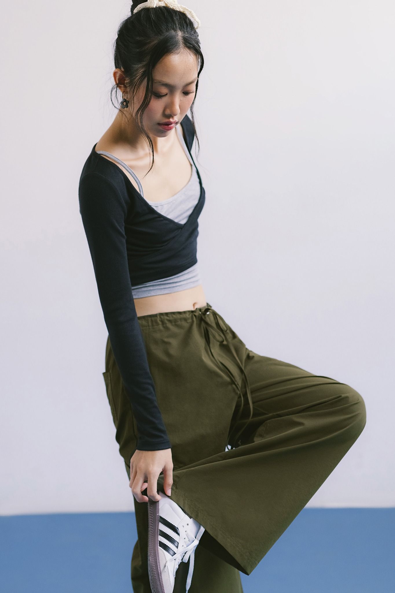  Dark Green Drawstring Wide Leg Cargo Pants 