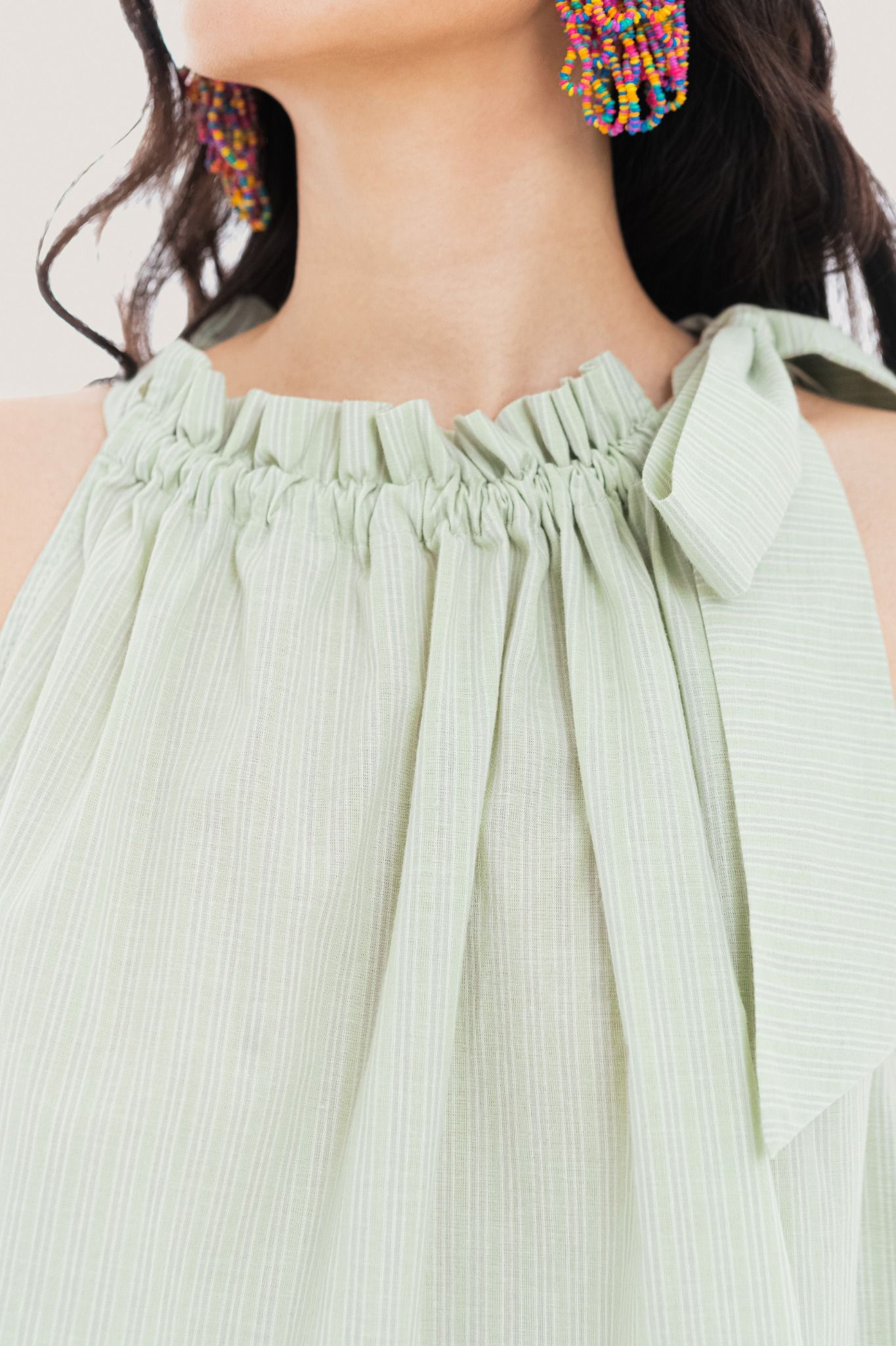  Mint Hairline Stripe Ruched Halter Neck Top 