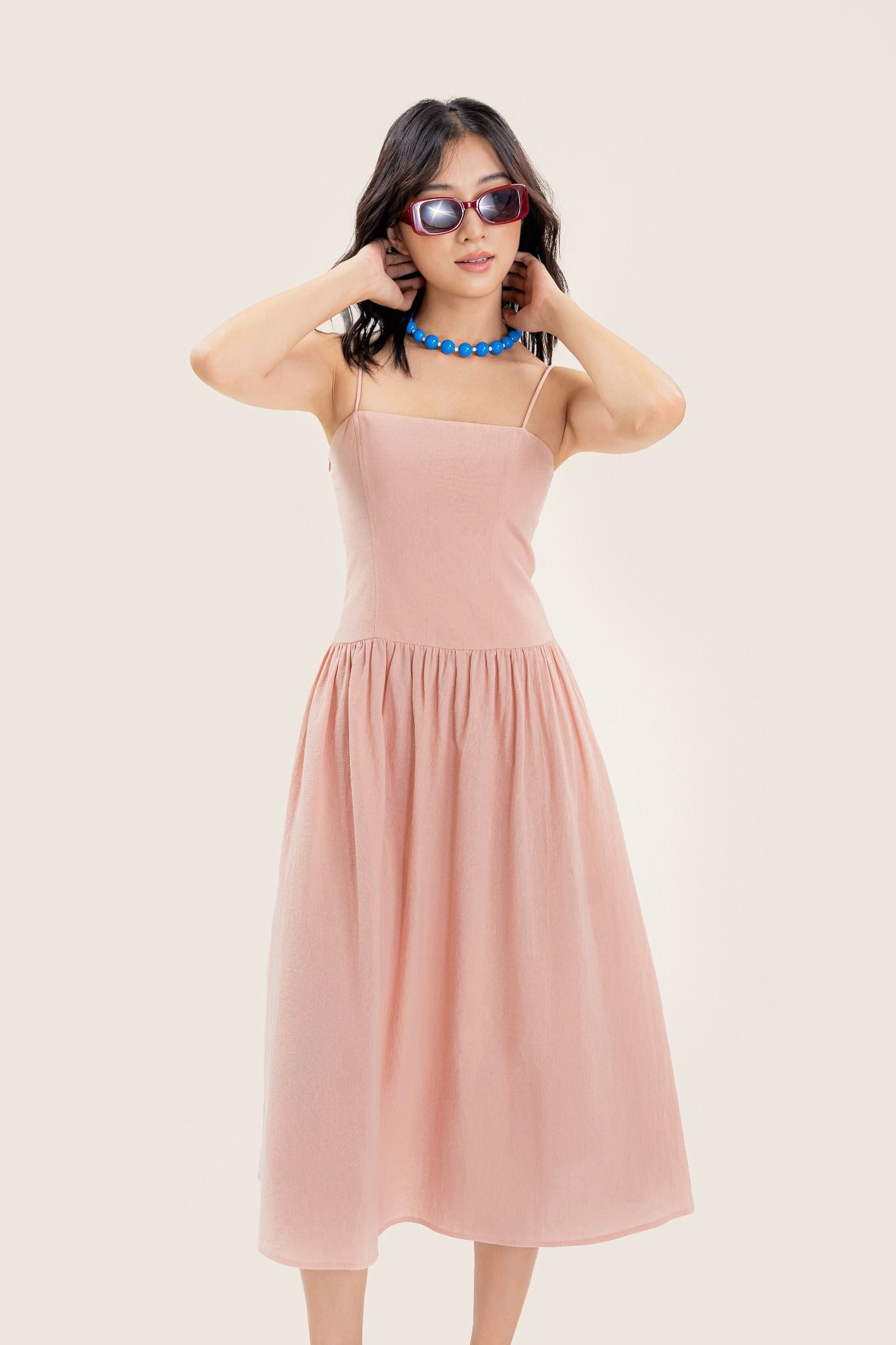  Light Pink Strappy Dropped Waist Midi Dress 