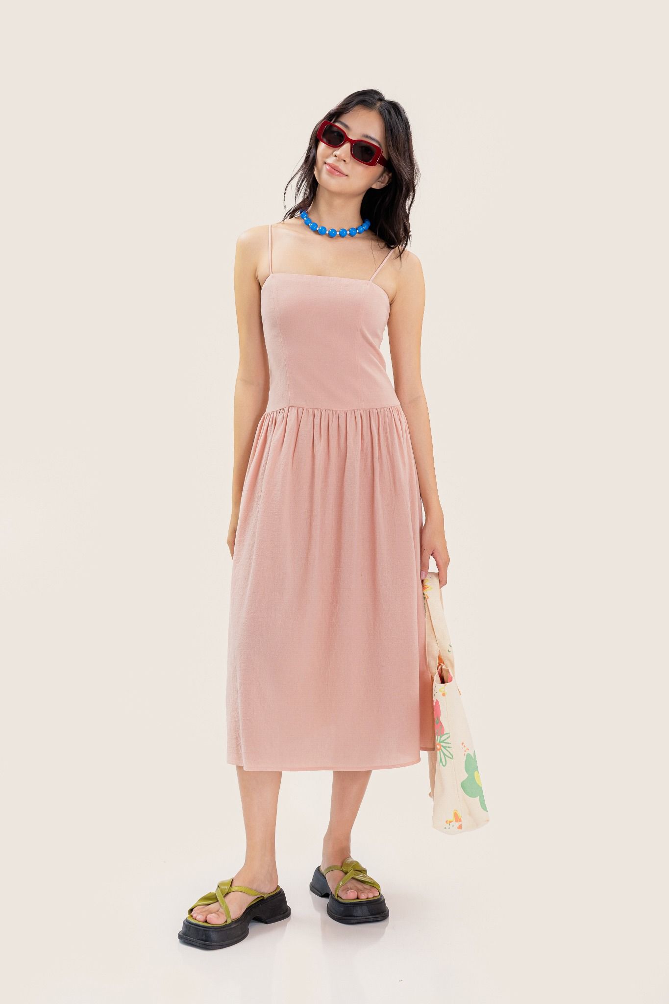  Light Pink Strappy Dropped Waist Midi Dress 