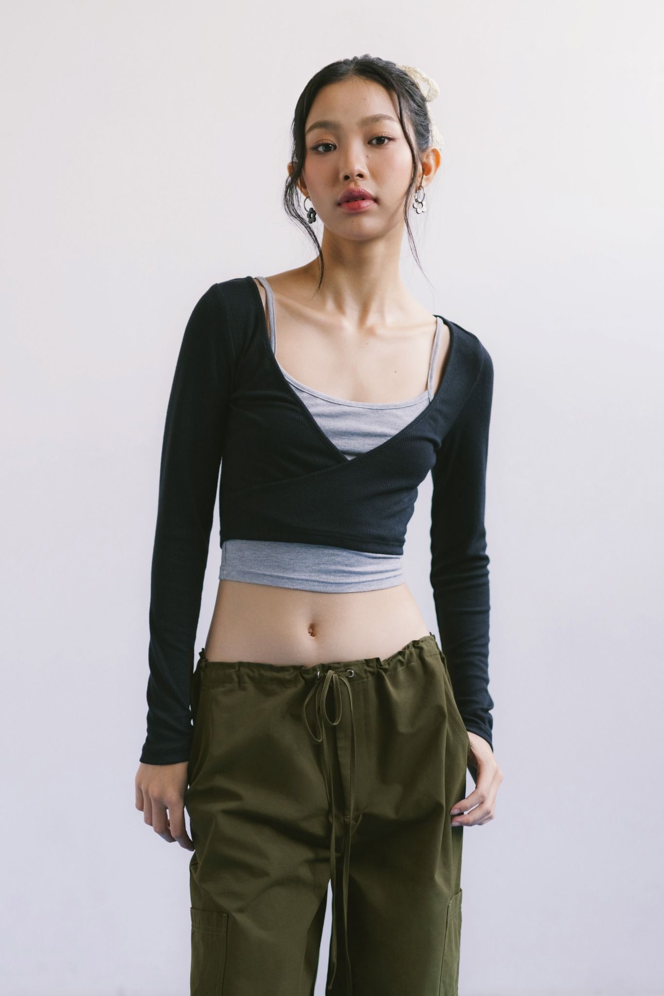  Dark Green Drawstring Wide Leg Cargo Pants 