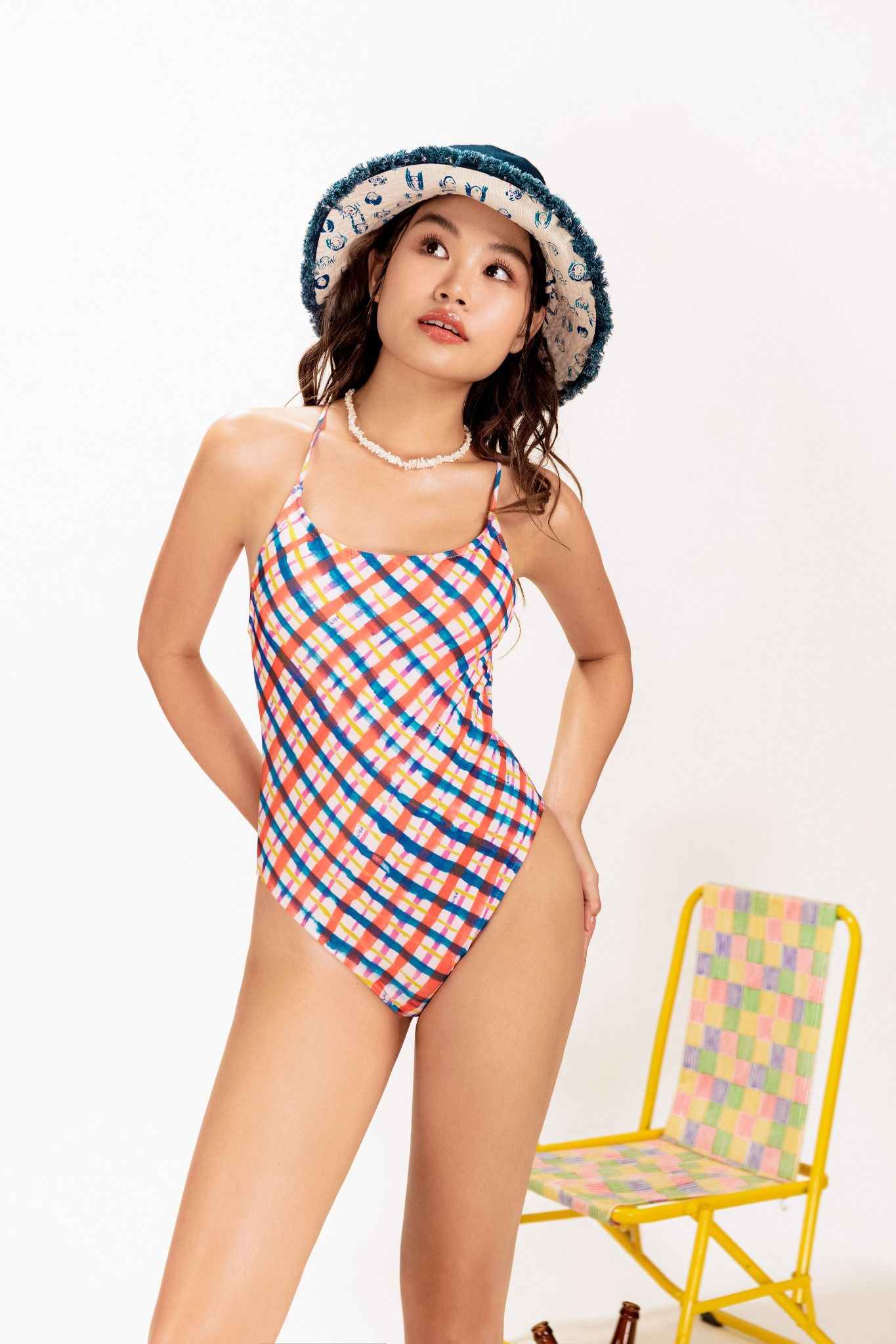  Multicolor Plaid Strappy One-Piece Swimsuit 