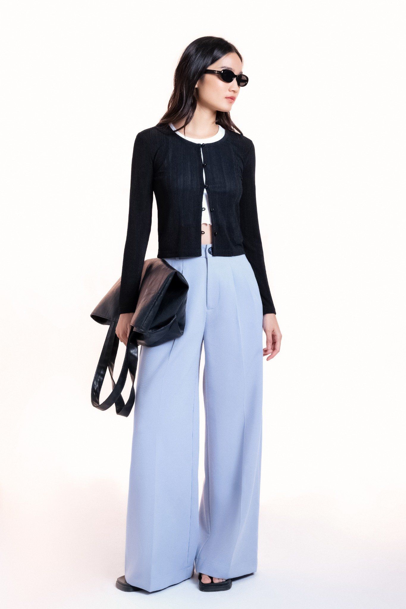  Light Blue Pleated Wide Leg Trousers 