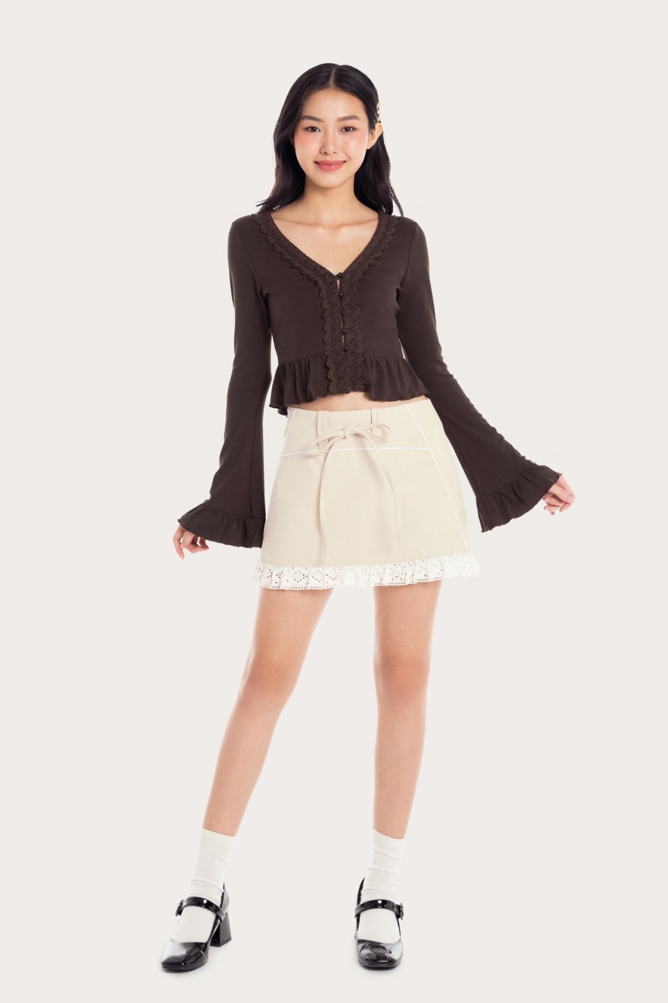  Beige Lace Ruffle Khaki Mini Skirt 