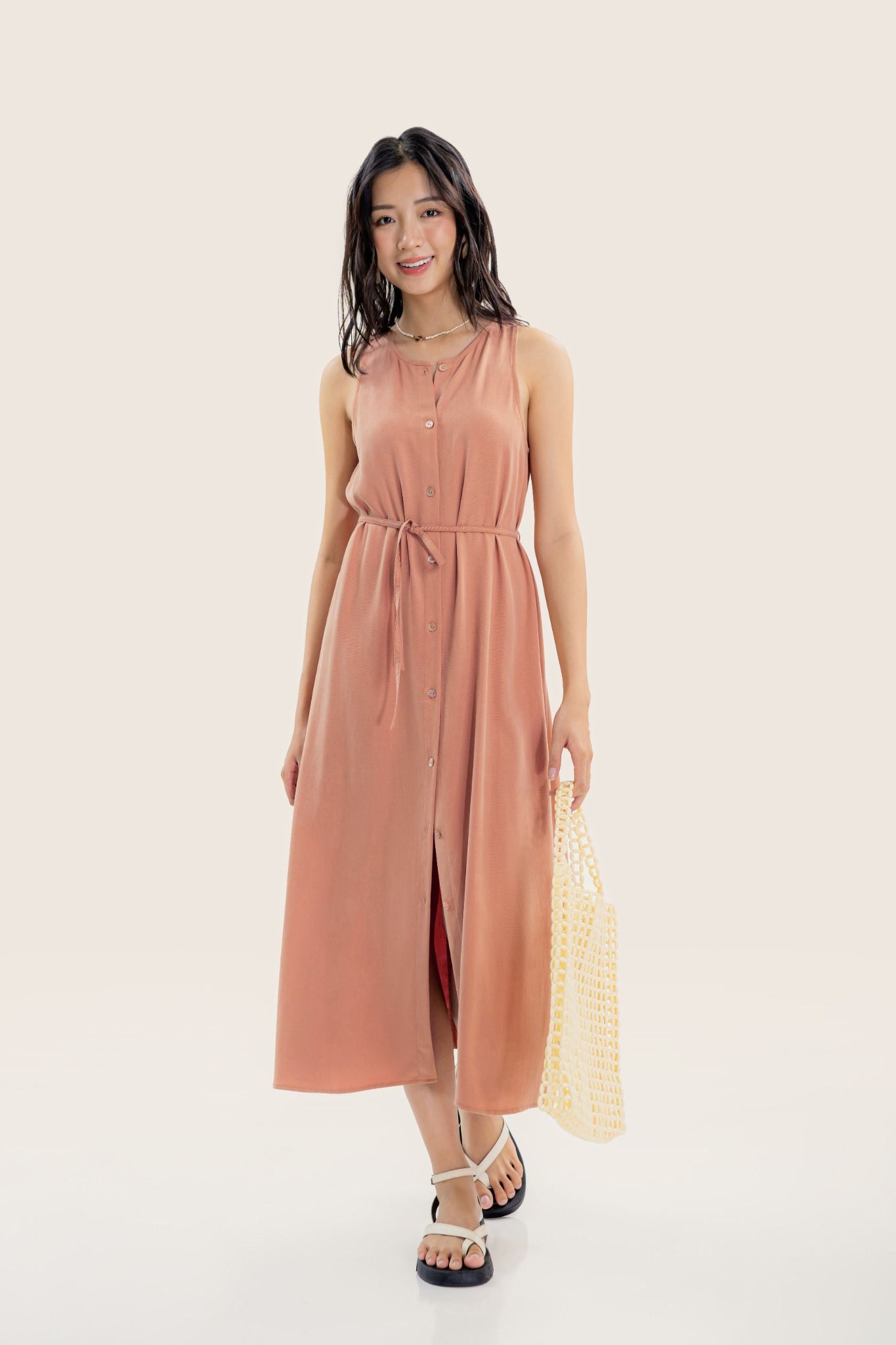  Orange Sleeveless Midi Dress With Belt 