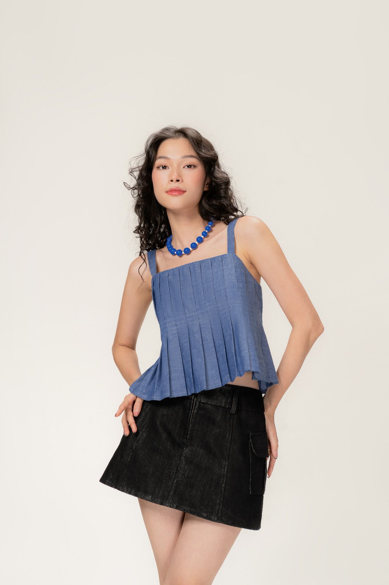 Libe Blue Pleated Denim Cami Top