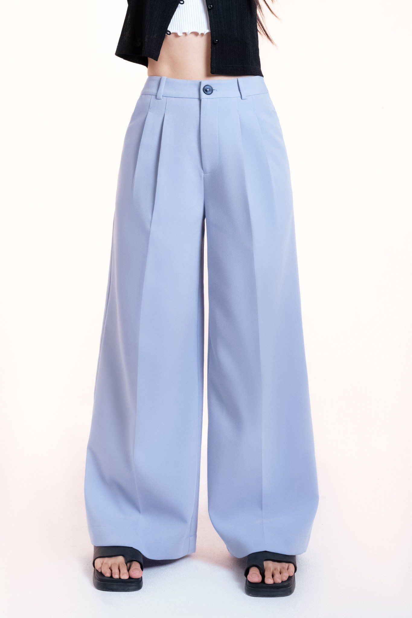  Light Blue Pleated Wide Leg Trousers 