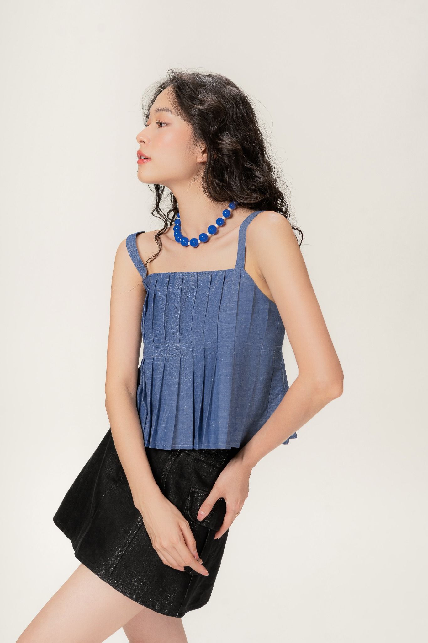 Libe Blue Pleated Denim Cami Top