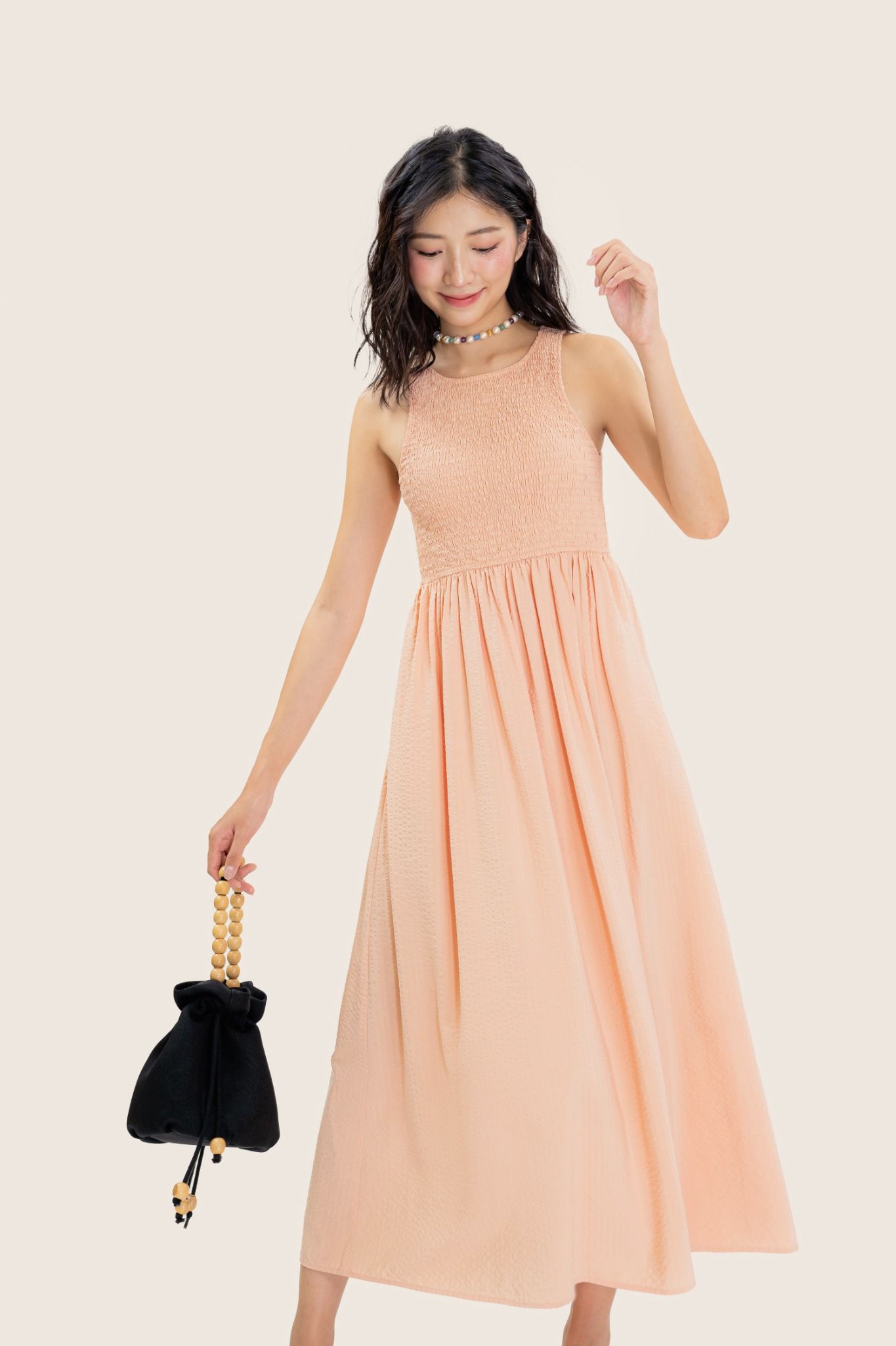  Peach Sleeveless Smock Midi Dress 