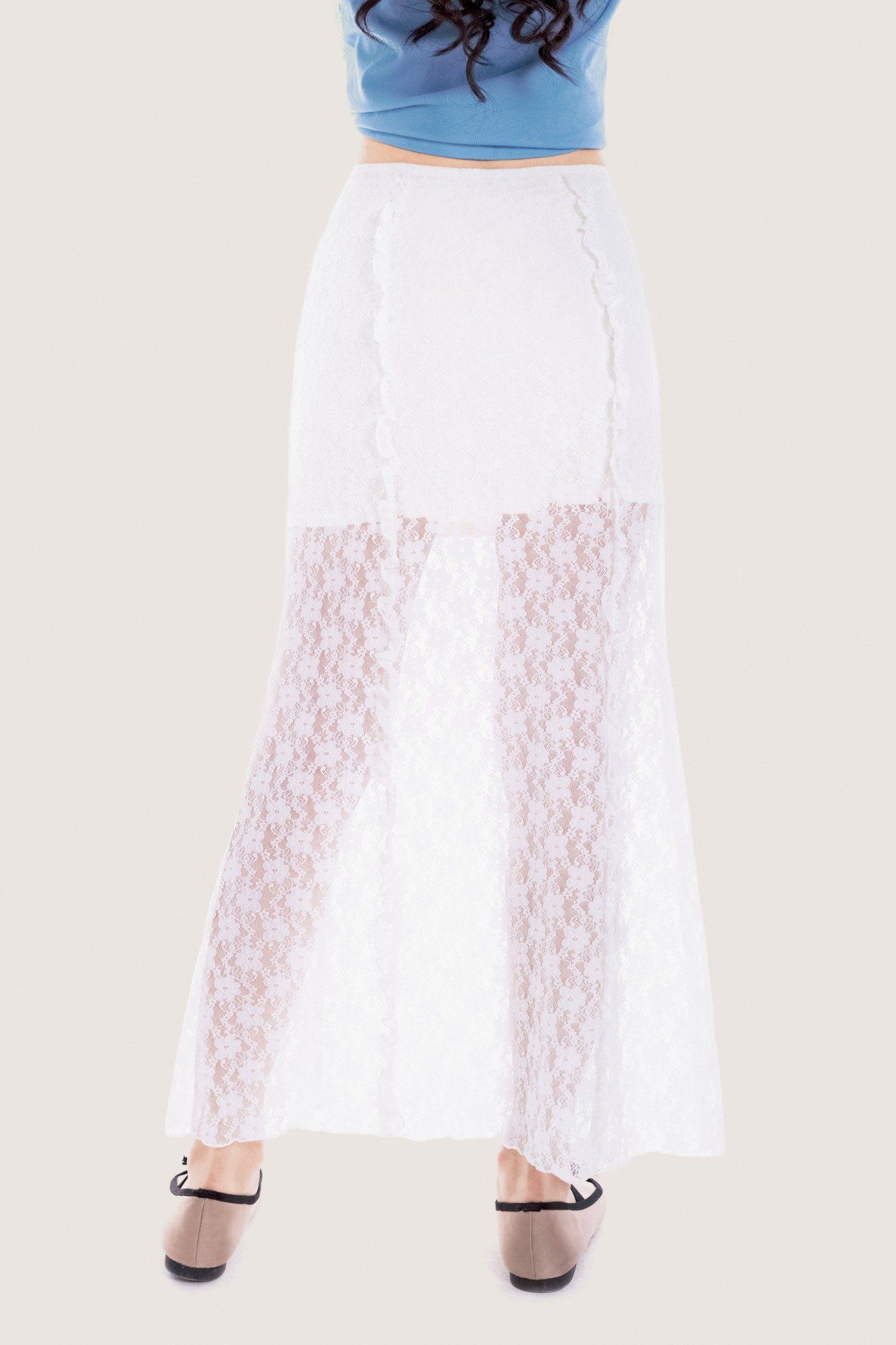  White Ruffle Lace Midi Skirt 