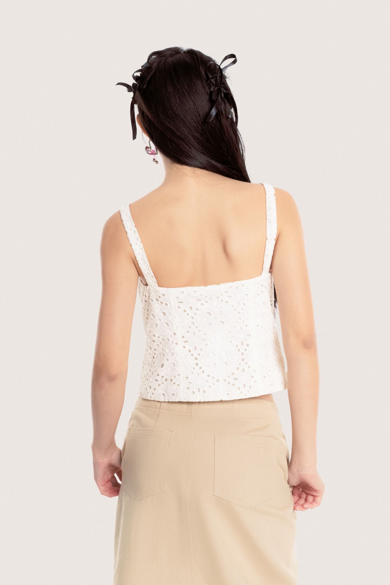  Ivory Embroidered Bow Tie Eyelet Top 