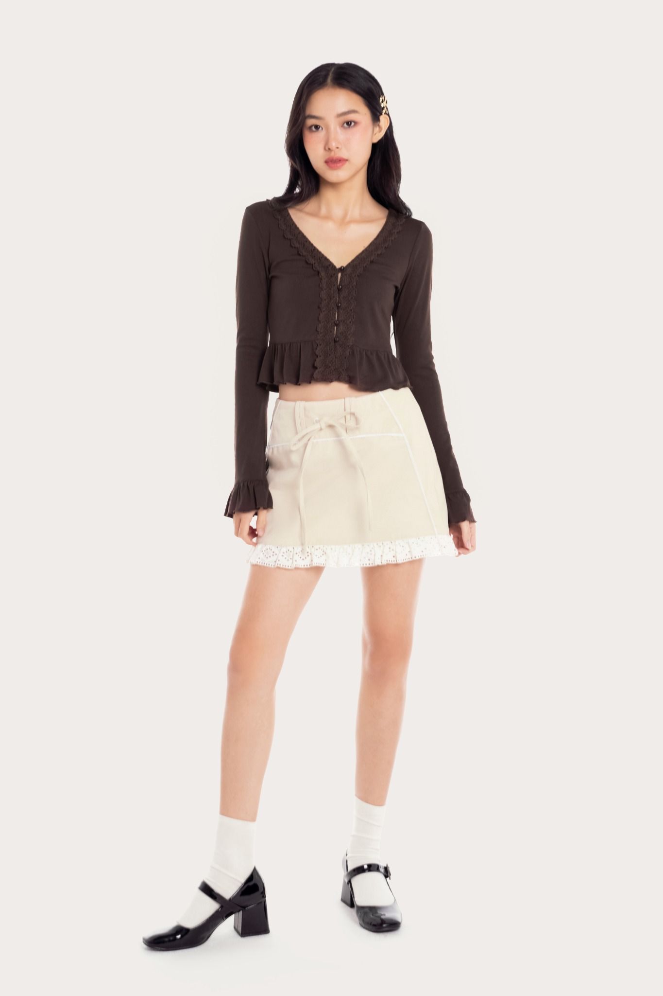  Beige Lace Ruffle Khaki Mini Skirt 