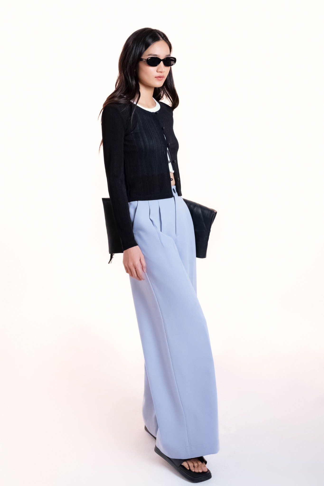  Light Blue Pleated Wide Leg Trousers 