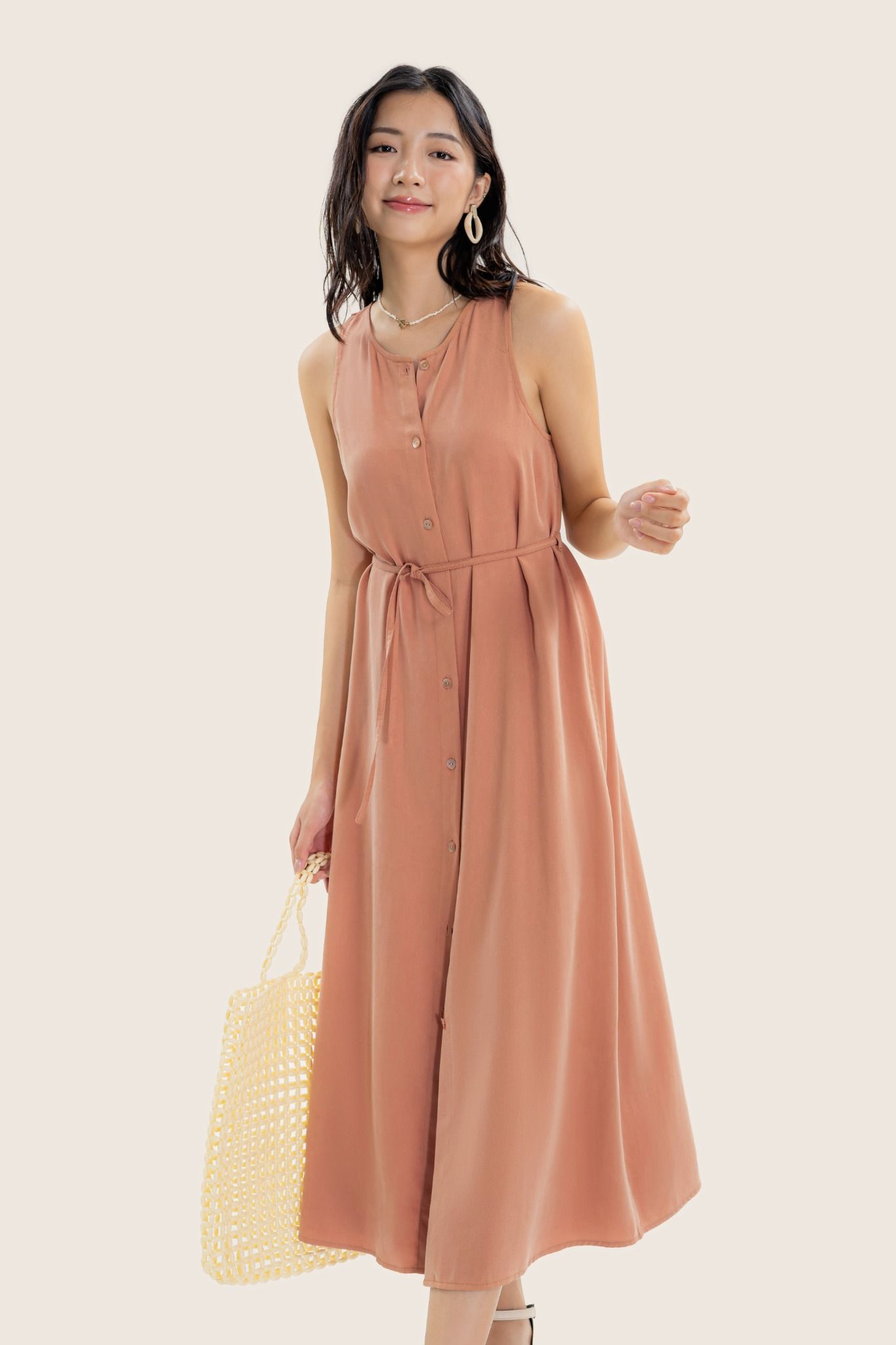  Orange Sleeveless Midi Dress With Belt 