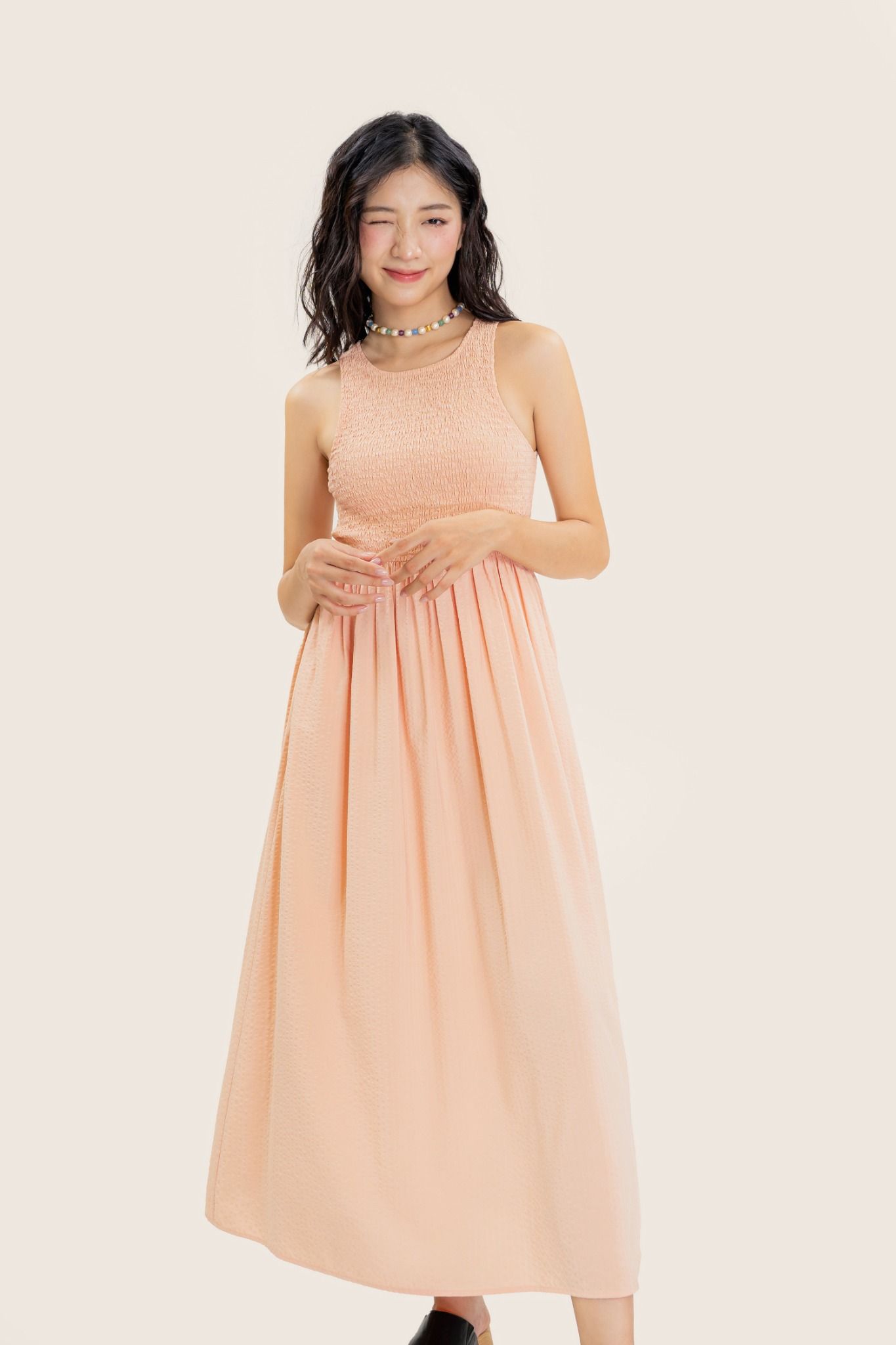  Peach Sleeveless Smock Midi Dress 