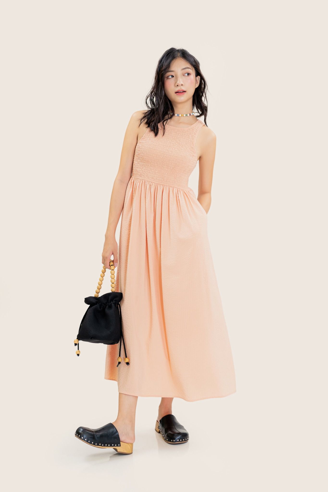  Peach Sleeveless Smock Midi Dress 