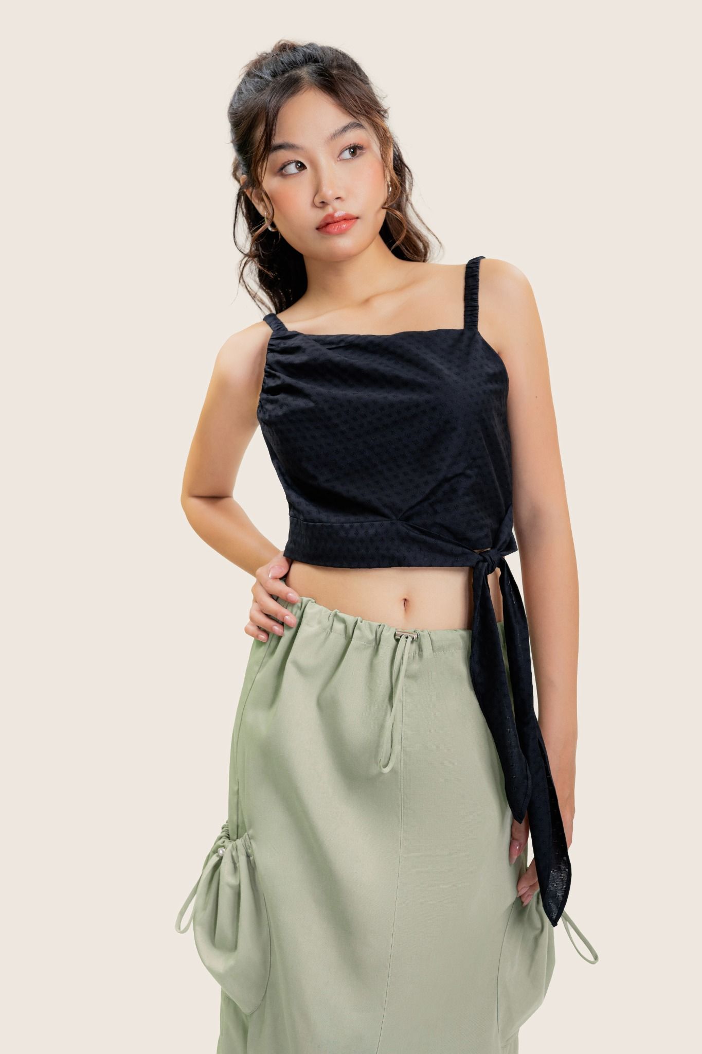  Black Unbalance Strap Tie Up Waist Top 