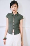  Dark Green Button-up Short Sleeve Top 