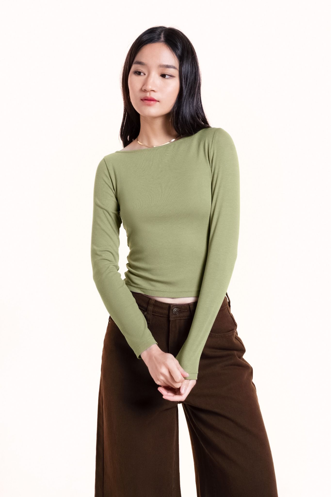  Olive Green Fitted Long Sleeve Top 