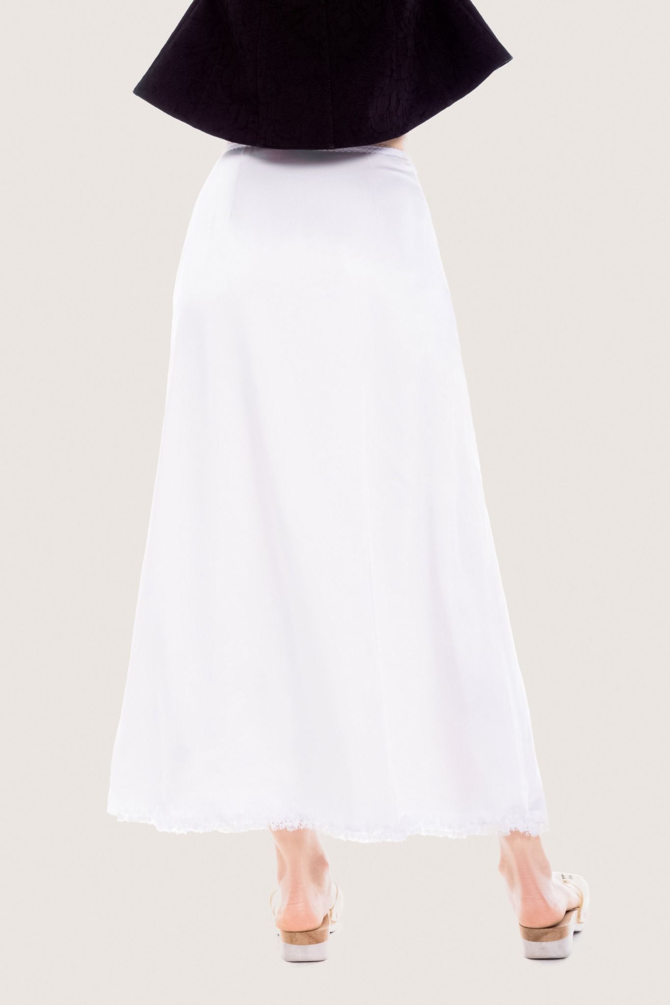  White Lace Hem Silk Midi Skirt 