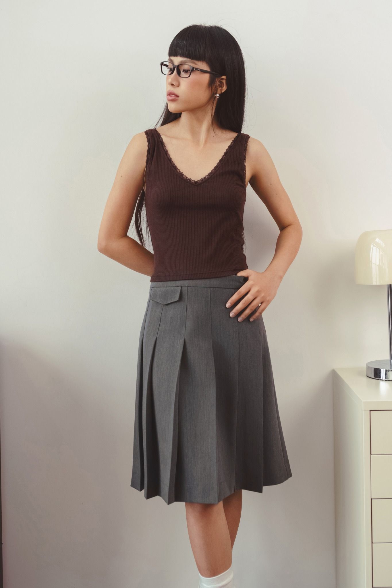  Grey Pleated Side Slit Mid-Length Skirt 