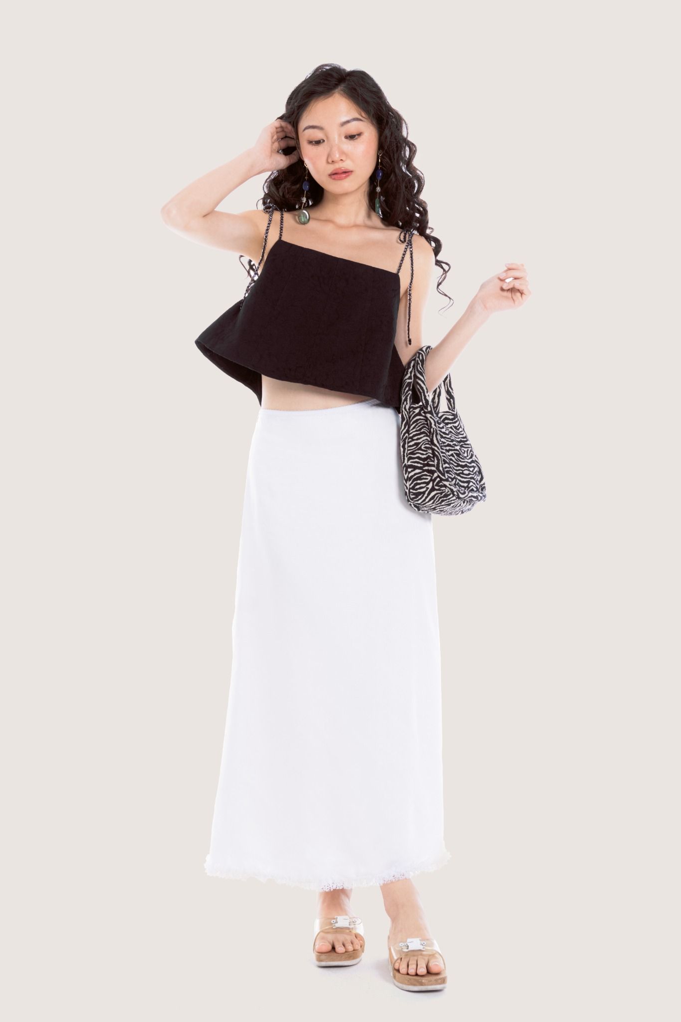  White Lace Hem Silk Midi Skirt 