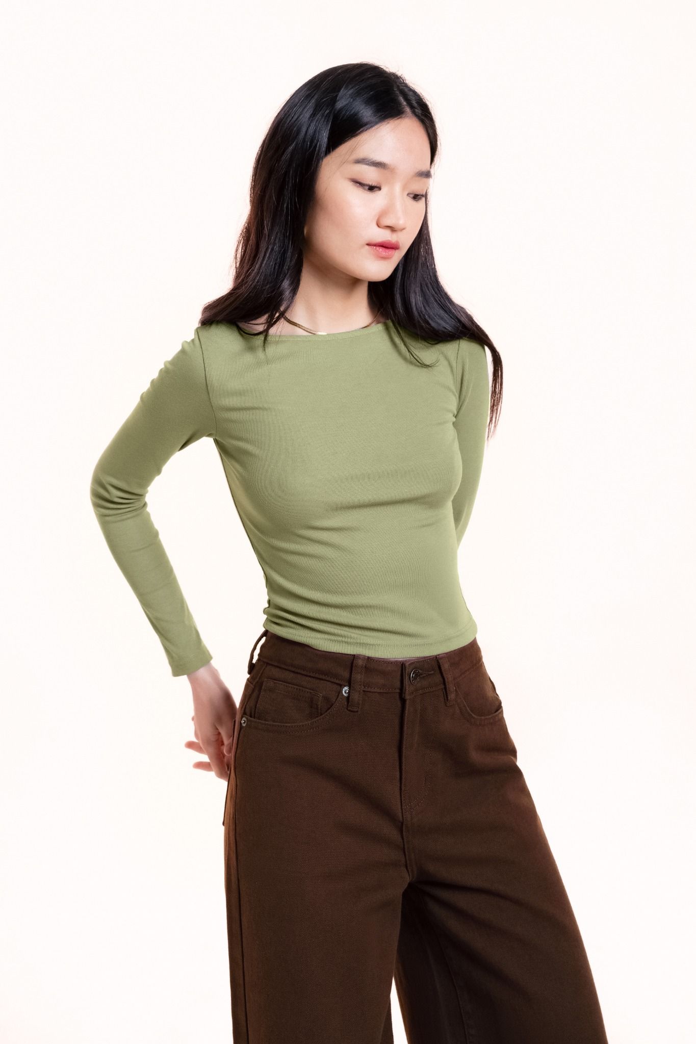  Olive Green Fitted Long Sleeve Top 