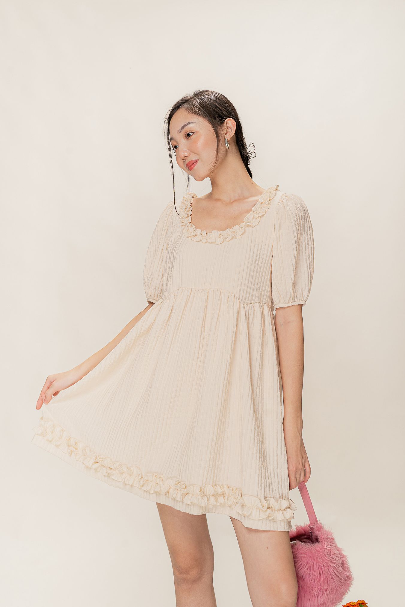  Beige Babydoll Mini Dress With Ruffles 