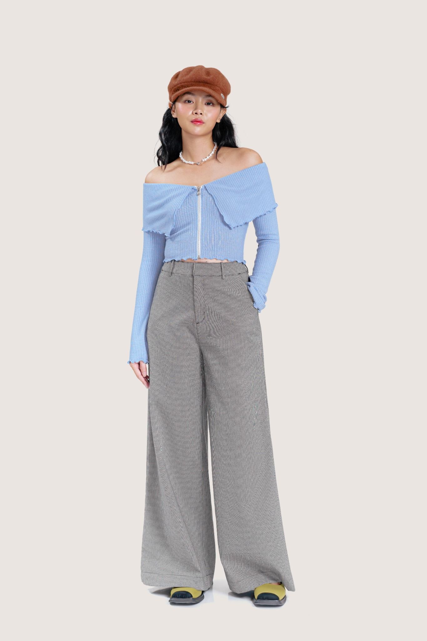  Fine Houndstooth Wide Leg Trousers 