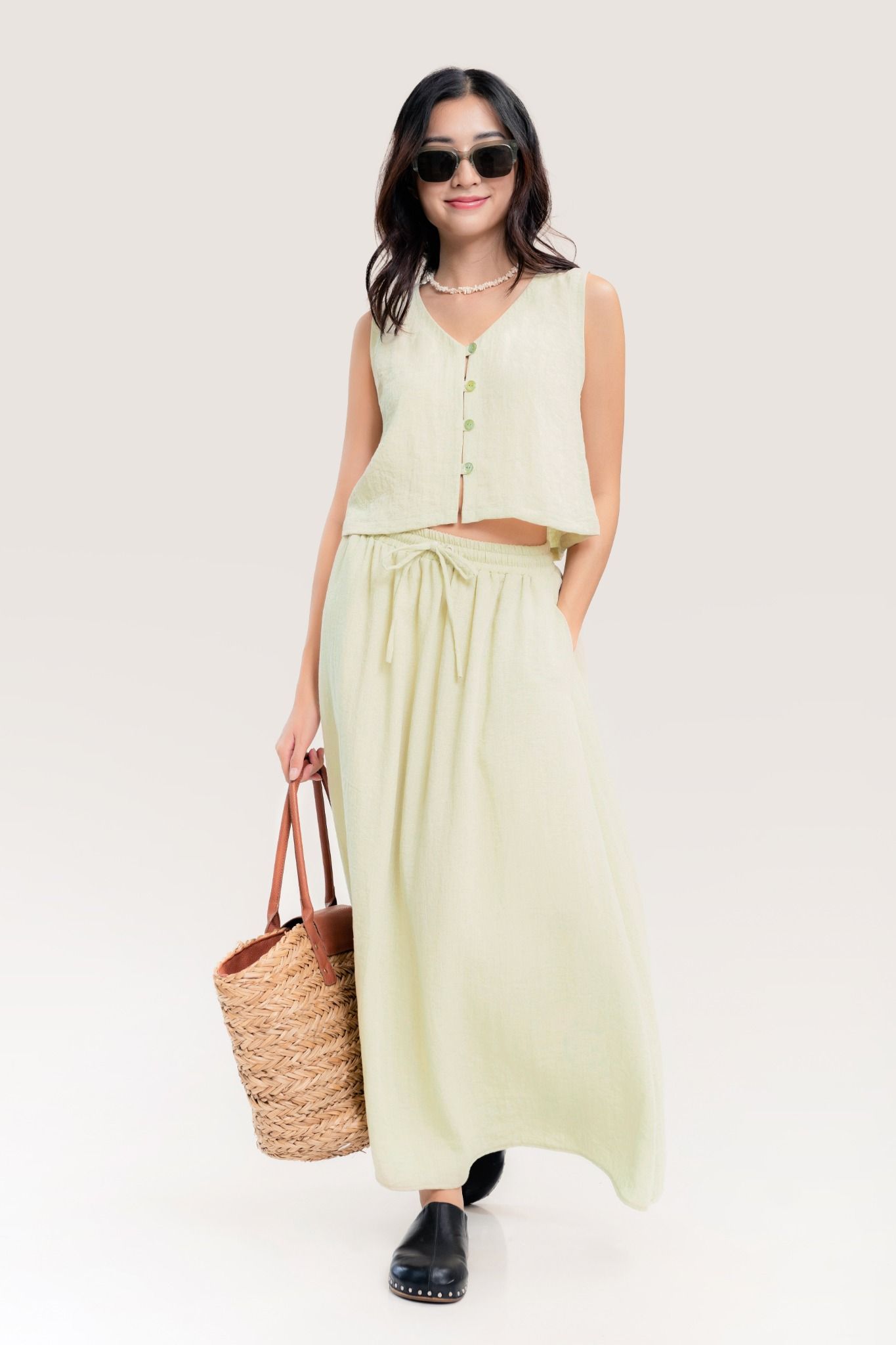  Light Green Linen Maxi Skirt 