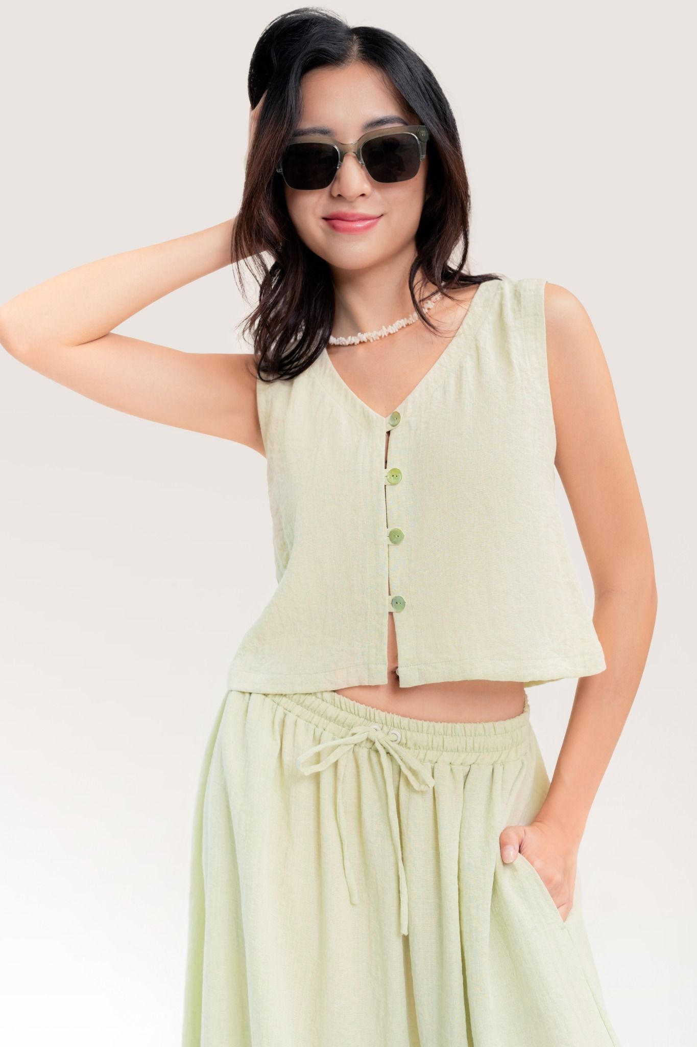  Light Green Linen Maxi Skirt 