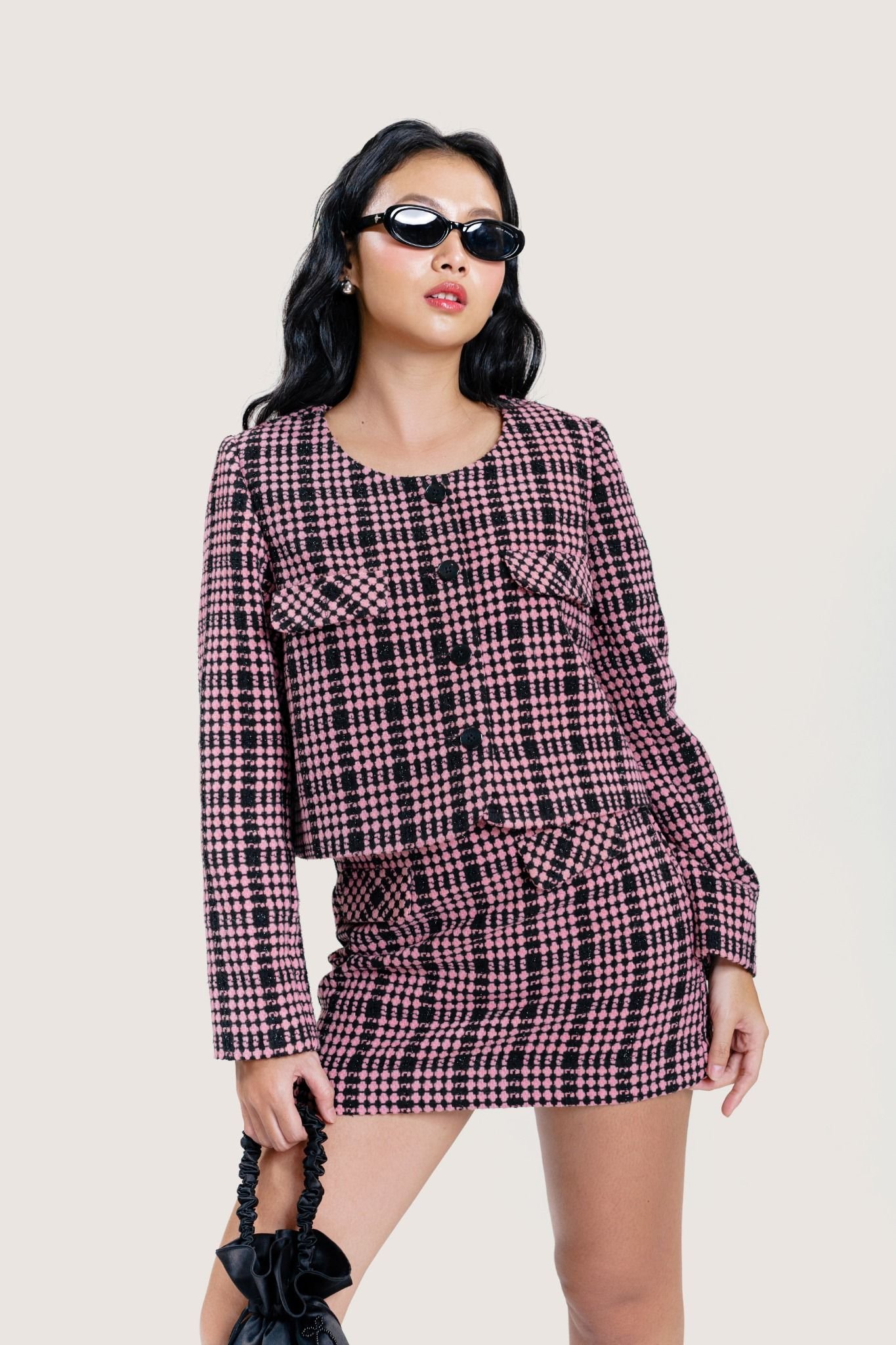  Pink Bockets Plaid Tweed Mini Skirt 