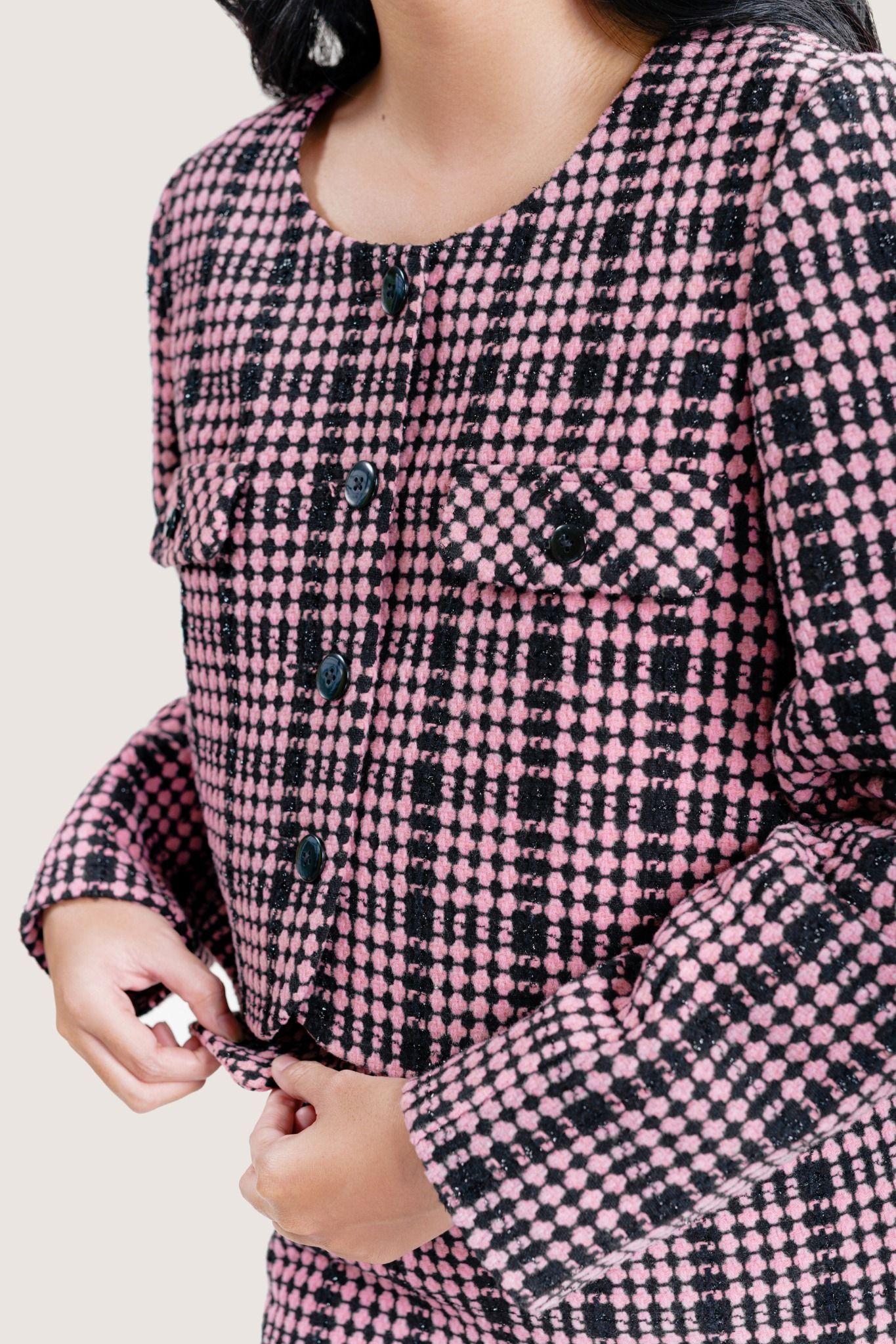  Pink Round Neckline Plaid Tweed Jacket 