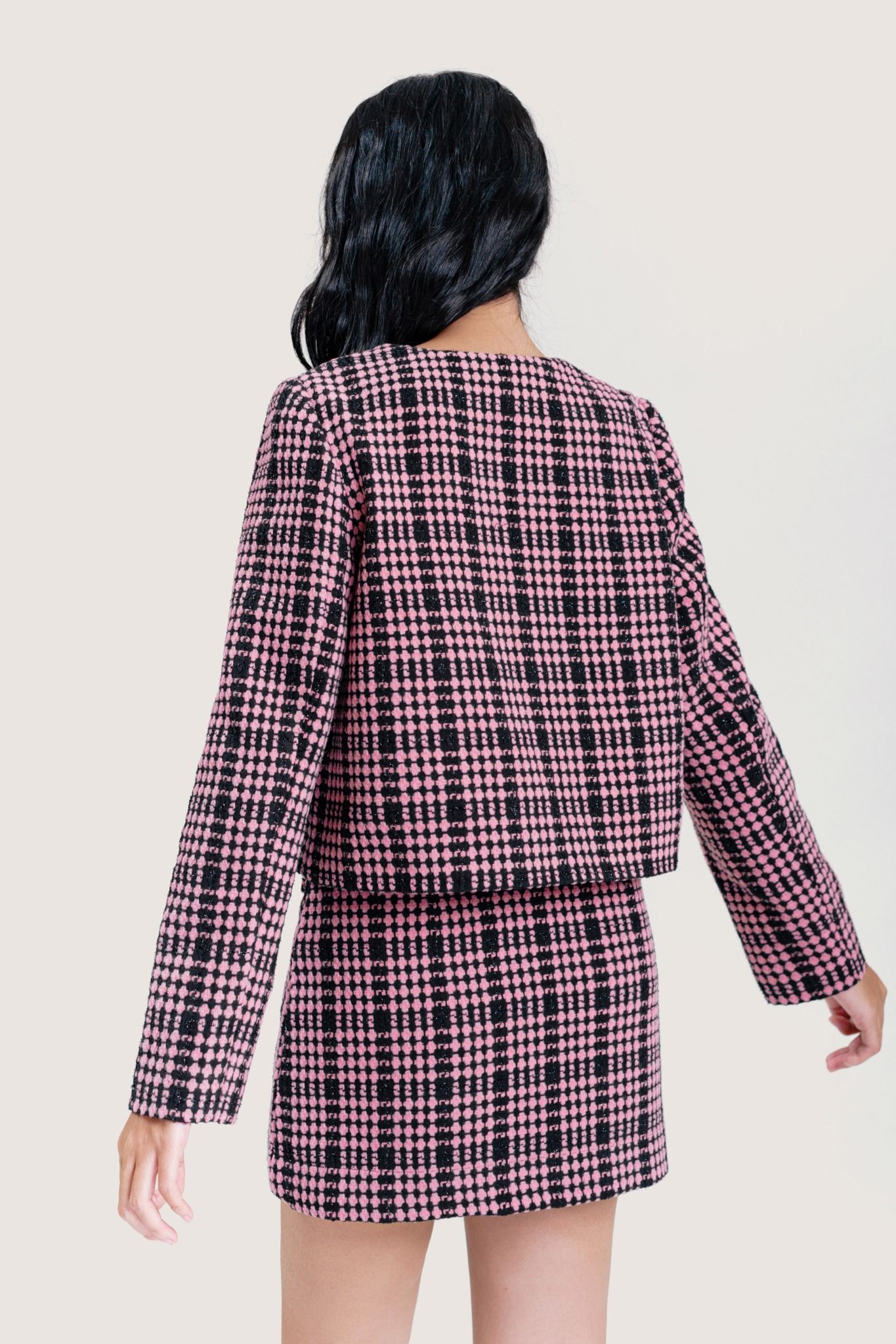  Pink Round Neckline Plaid Tweed Jacket 