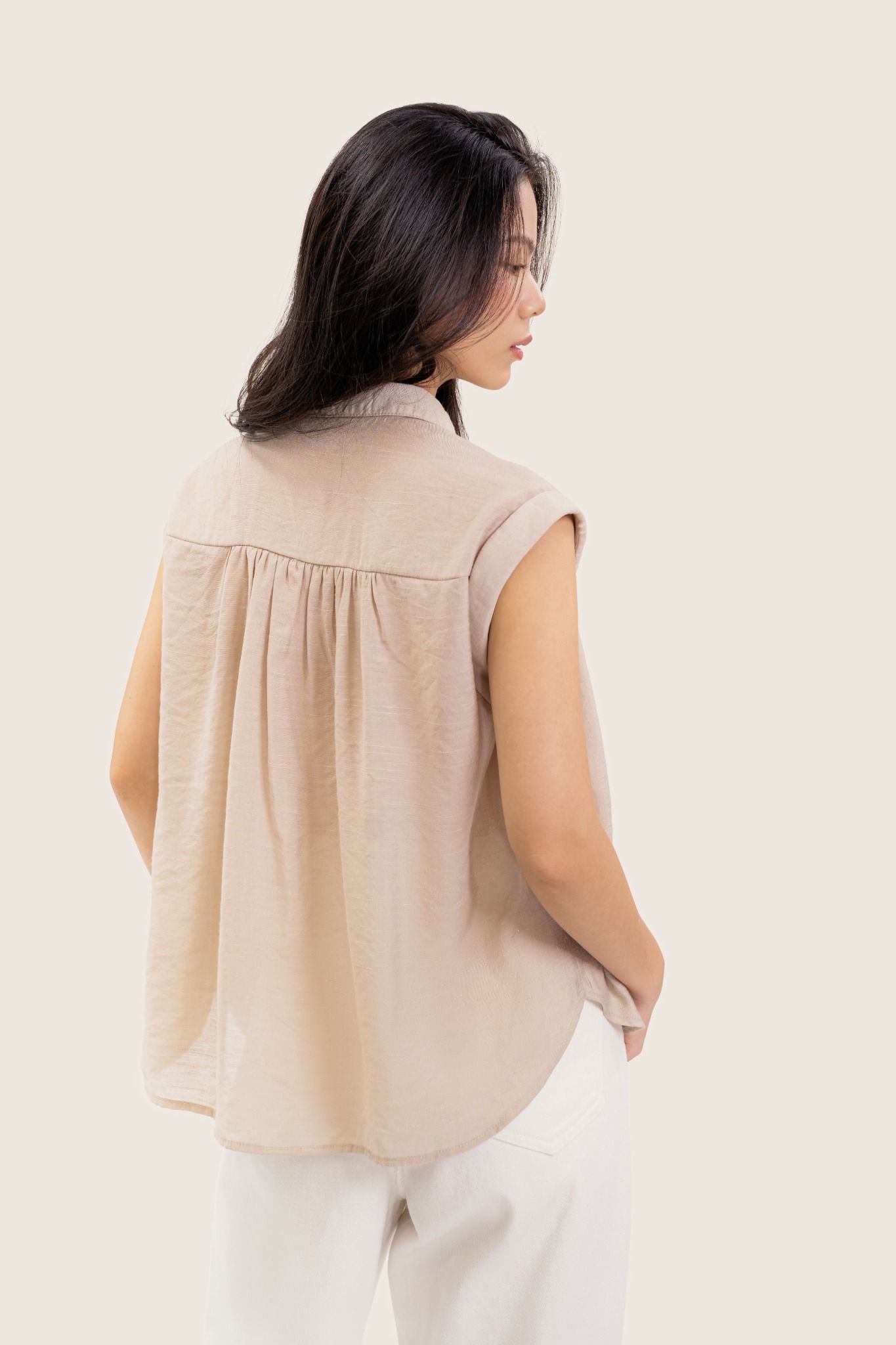  Beige Half Button Up Sleeveless Blouse 